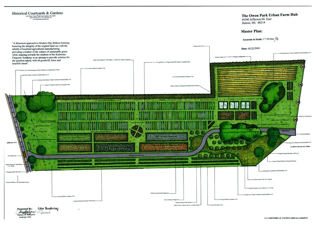 Owen Park, Detroit: Historic French ribbon farm featuring bio-intensive beds, bee colonies, hops, fruit rows, greenhouses, and a wetland pollinator garden.