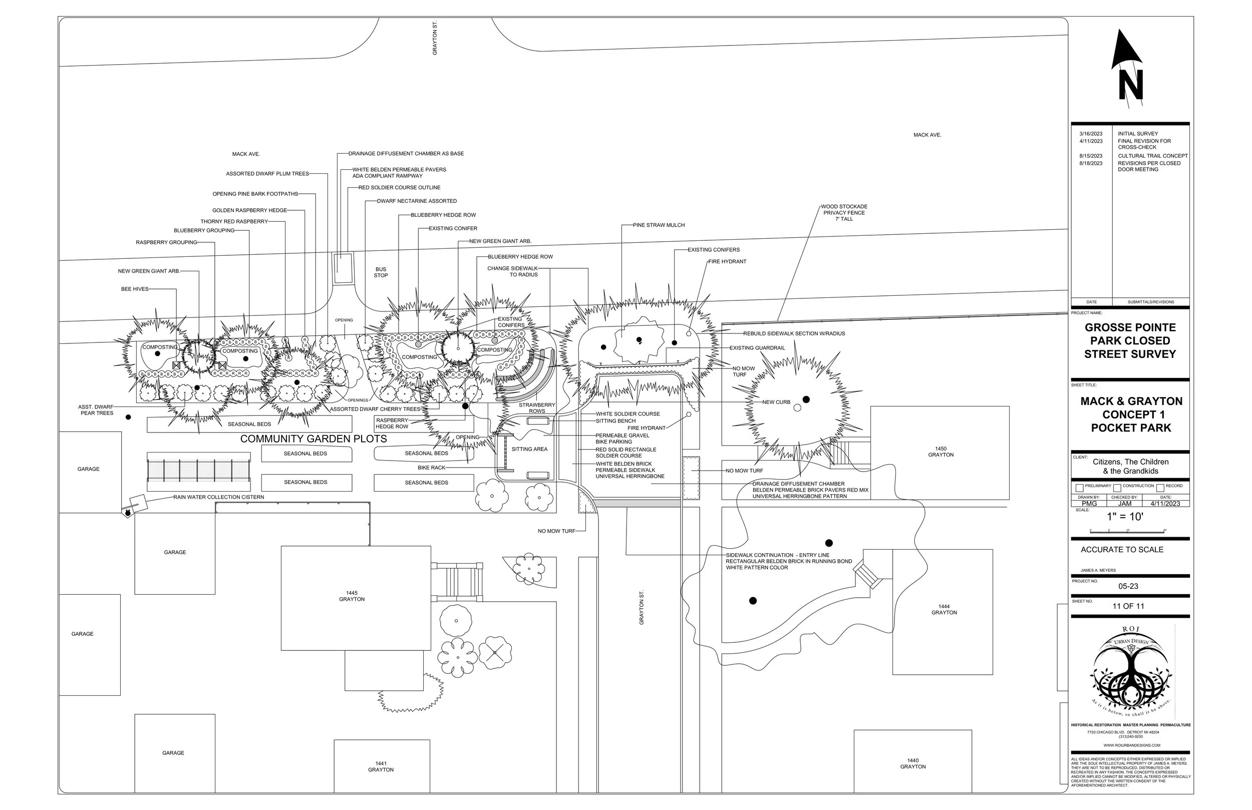 Grosse Pointe Park: Mack at Grayton pedestrian reopening. Features a pocket park, permeable bike racks, community plots, and berry rows.