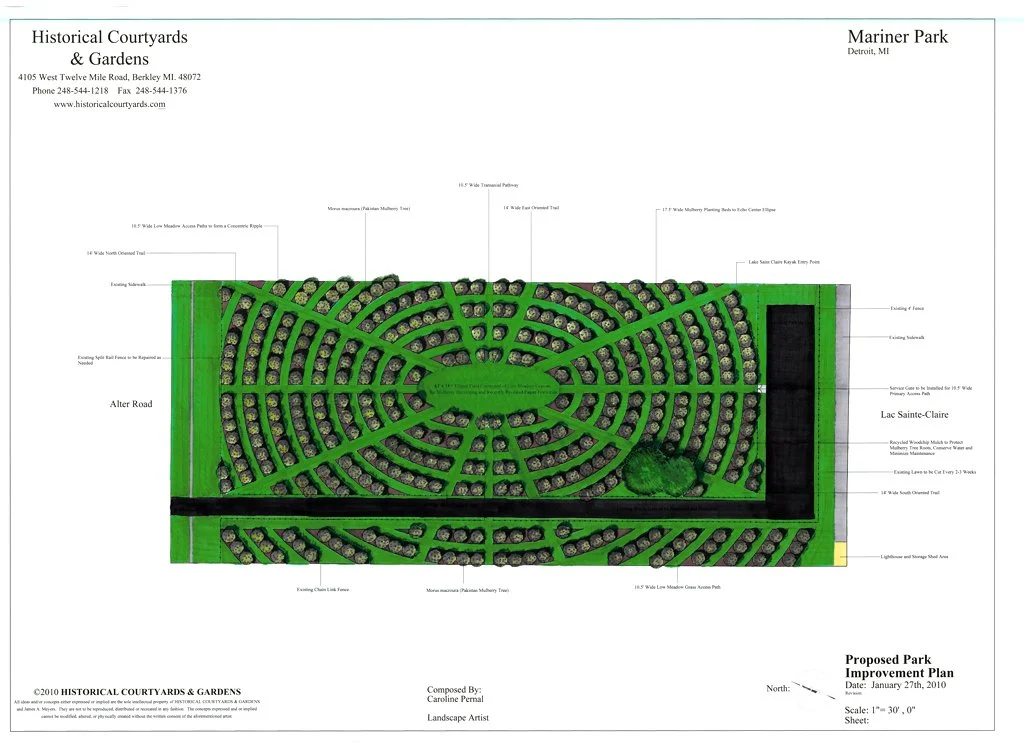 ROI biodynamic plan for Mariner Park, Detroit: features an oval lawn with concentric ripples of Pakistani mulberry trees in a self-sustainable design.