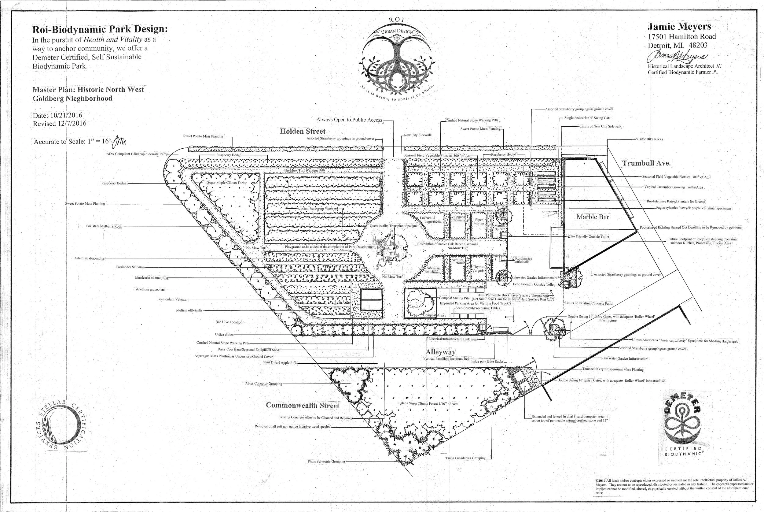 Biodynamic park in Goldberg Neighborhood: sugar maple forest, berry hedges, vineyard, vegetable plots, dairy barn, playground, and gravel paths.