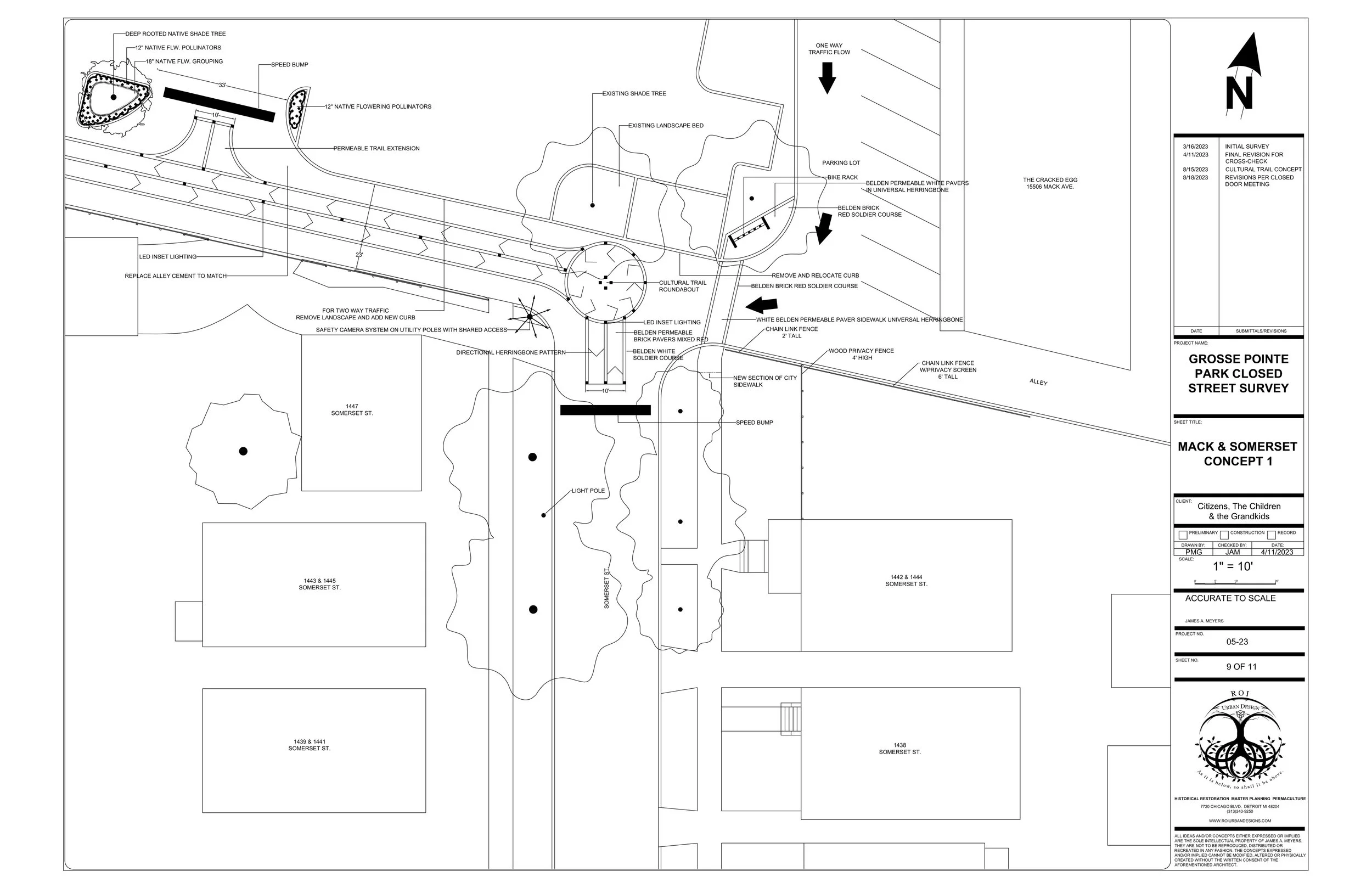 Grosse Pointe Park: Mack at Somerset cultural trail conclusion. Features permeable bike paths, security cameras, speed humps, and solar lights.