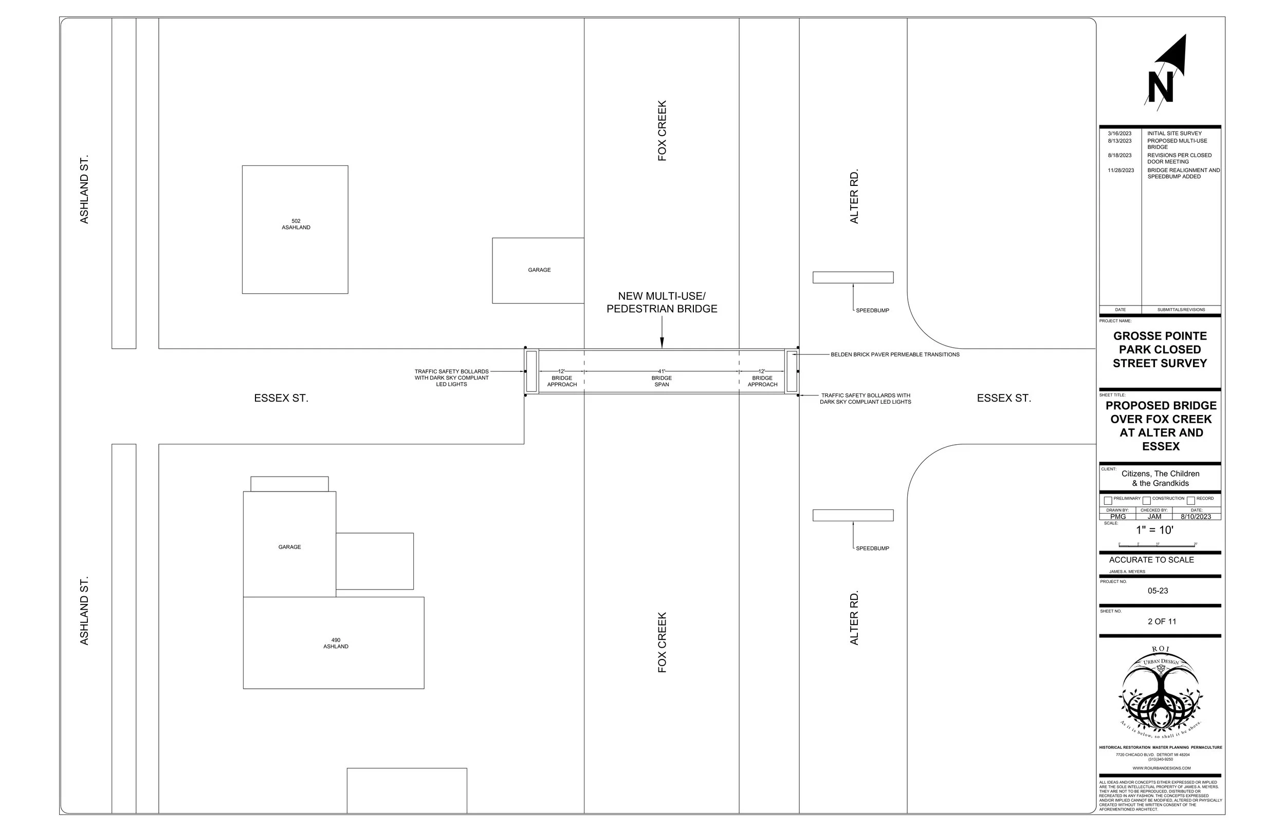 Grosse Pointe Park: Pedestrian and bike bridge over Fox Creek at Alter and Essex. Dual-city multi-use trail for Detroit connectivity.