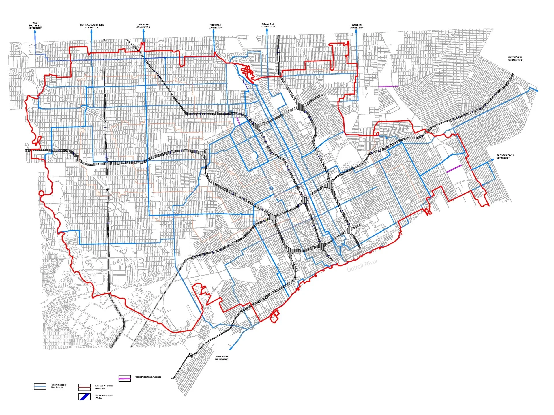 Detroit city plan: bike lanes, Emerald Necklace trail, forest parks, and freeway pedestrian bridges. Includes mapped bike routes and greenways.