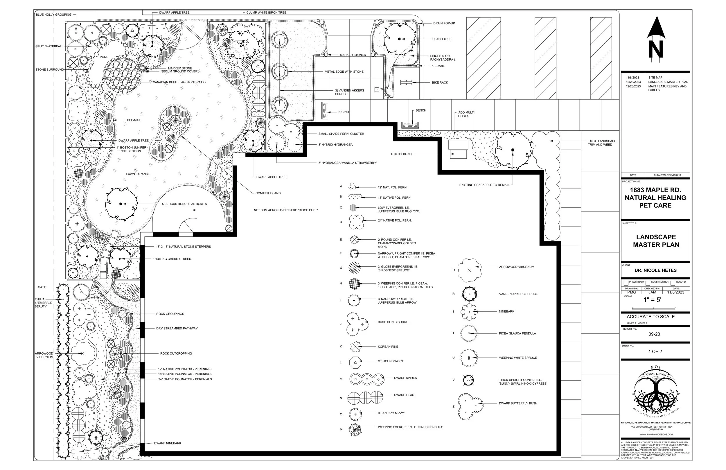 Troy, MI biodynamic landscape: no-mow turf, pollinator gardens, waterfall, pond, and private patient exam gardens with permeable flagstone patios.