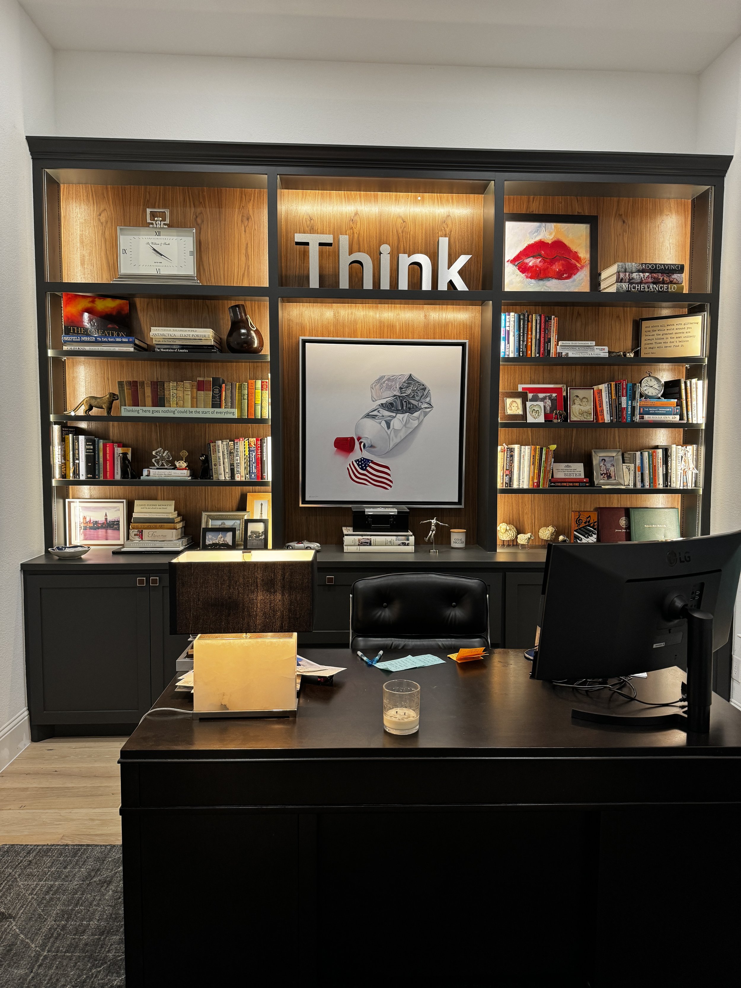 Custom Black Built-In Bookcase with Hickory Back &amp; Lighting – Fort Worth, TX
