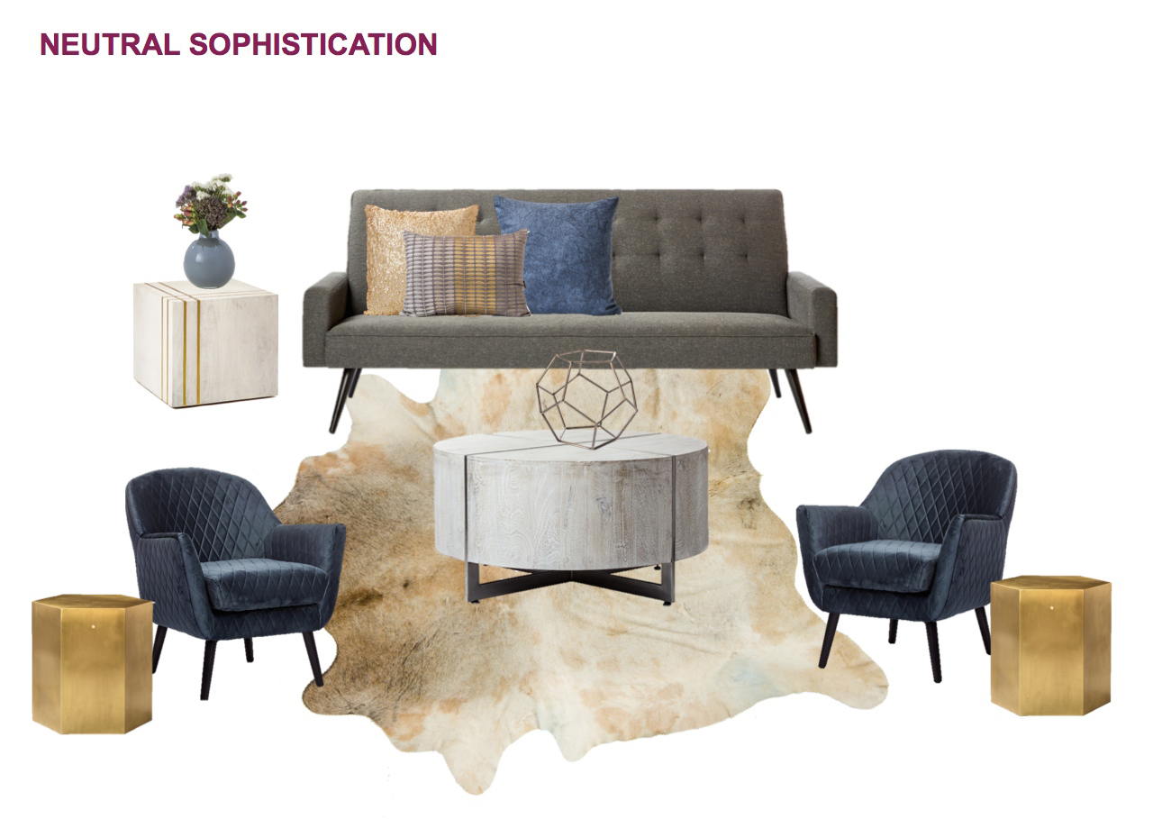 In this subtly sophisticated grouping, the Draper Charcoal Linen Sofa is paired with the Alexis Diamond Pattern Steel Blue Chair, Darcy Whitewash Round Coffee Table, Adele Gold Hex Side Table, Kendall Brass Stripe White Cube Side Table, and Animal Hide Rug, all available through Kennedy Collection .