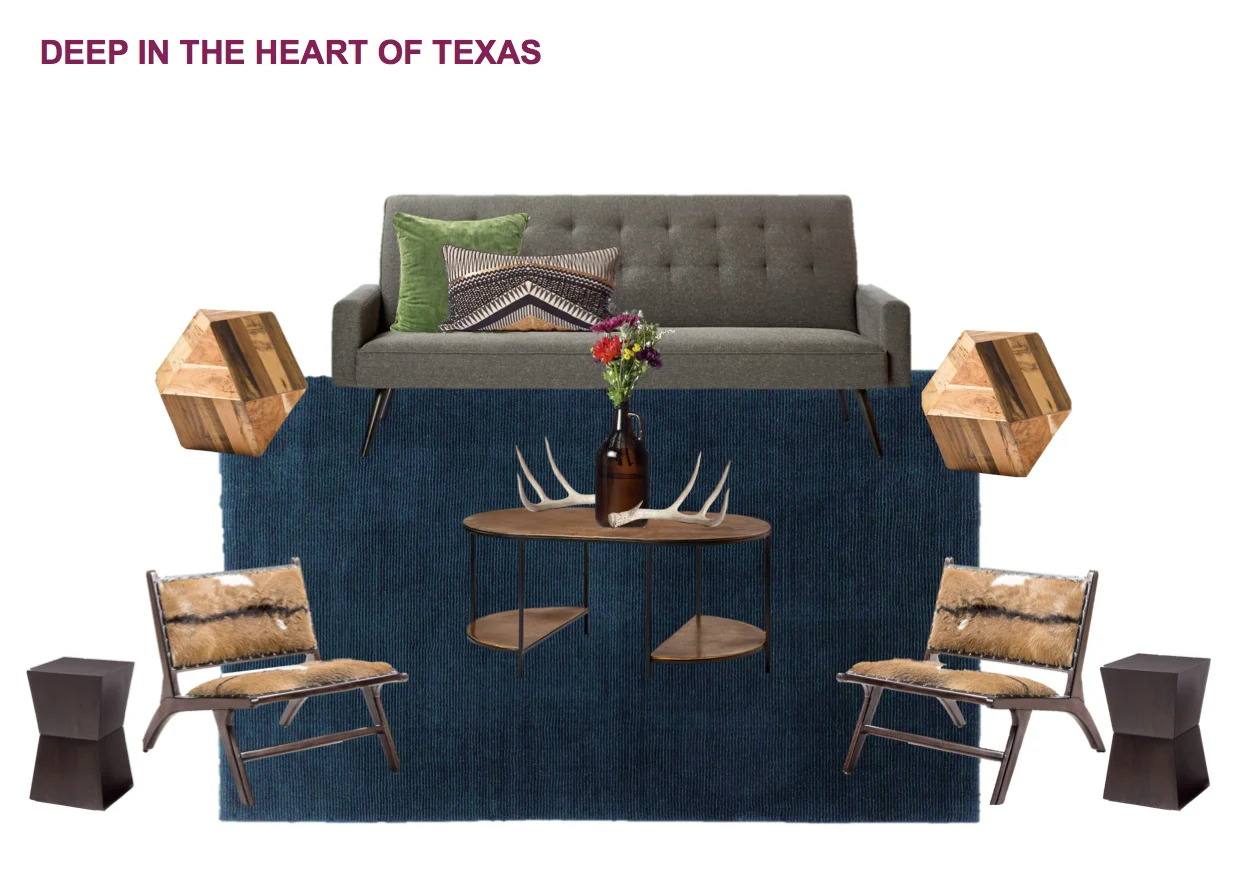In a Lone Star state of mind, the Draper Charcoal Linen Sofa is paired here with the Rowena Mid-Century Cowhide Chair, Holden Antique Gold Coffee Table, Caelan Brown Hourglass Side Table, Ikadan Geo Wood Block and Ribbed Weave Area Rug, all available through Kennedy Collection .