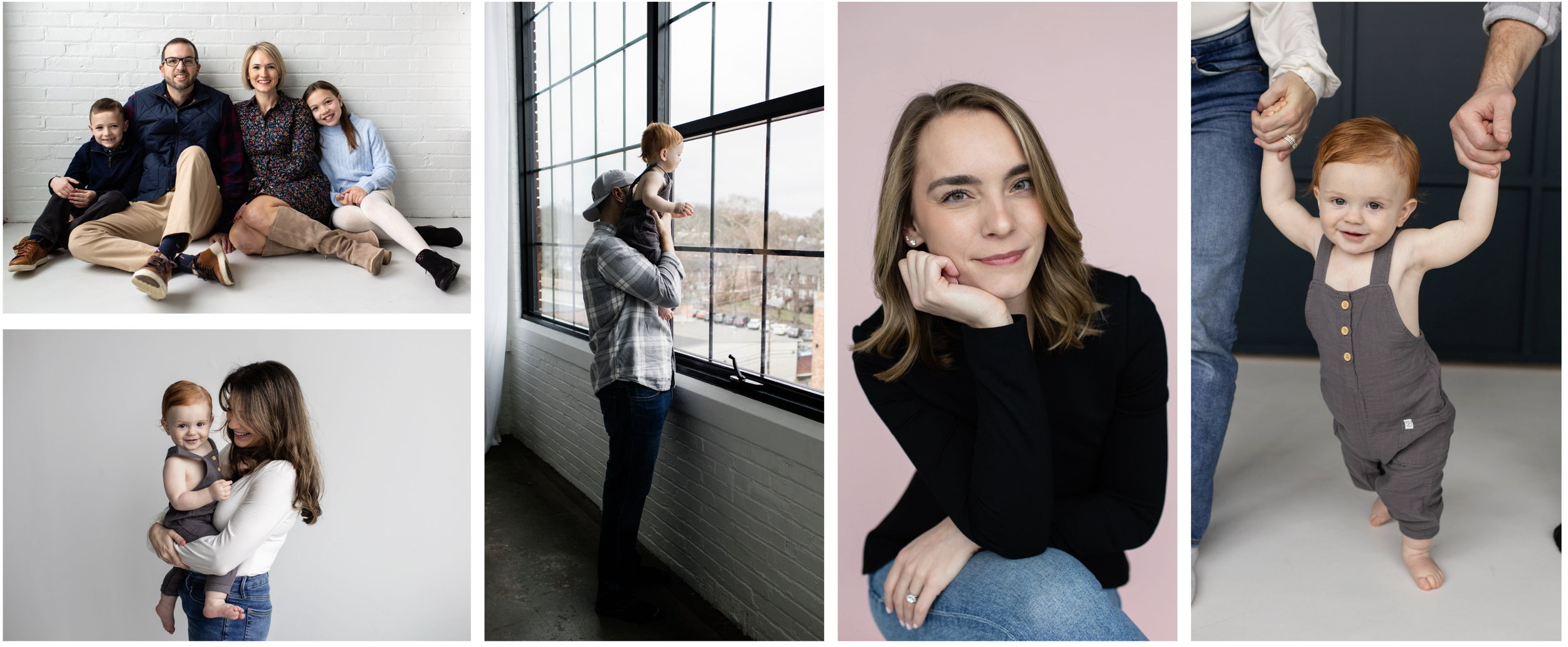 A collage of images taken at the photography studio. Images feature brick walls, white walls, beautiful windows, a pink backdrop, and a dark teal backdrop. Images show families as well as individuals.