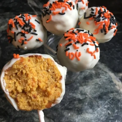 Pumpkin Protein Cake Pops with White Chocolate Coating