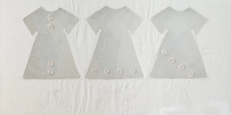 3 SISTERS III Recycled table linen, cheese cloth, buttons, beads, sewn. Approximately 30" x 18" Framed with glass on both sides. Meant to be hung in front of light source. $2500 (for all three) Back to Work