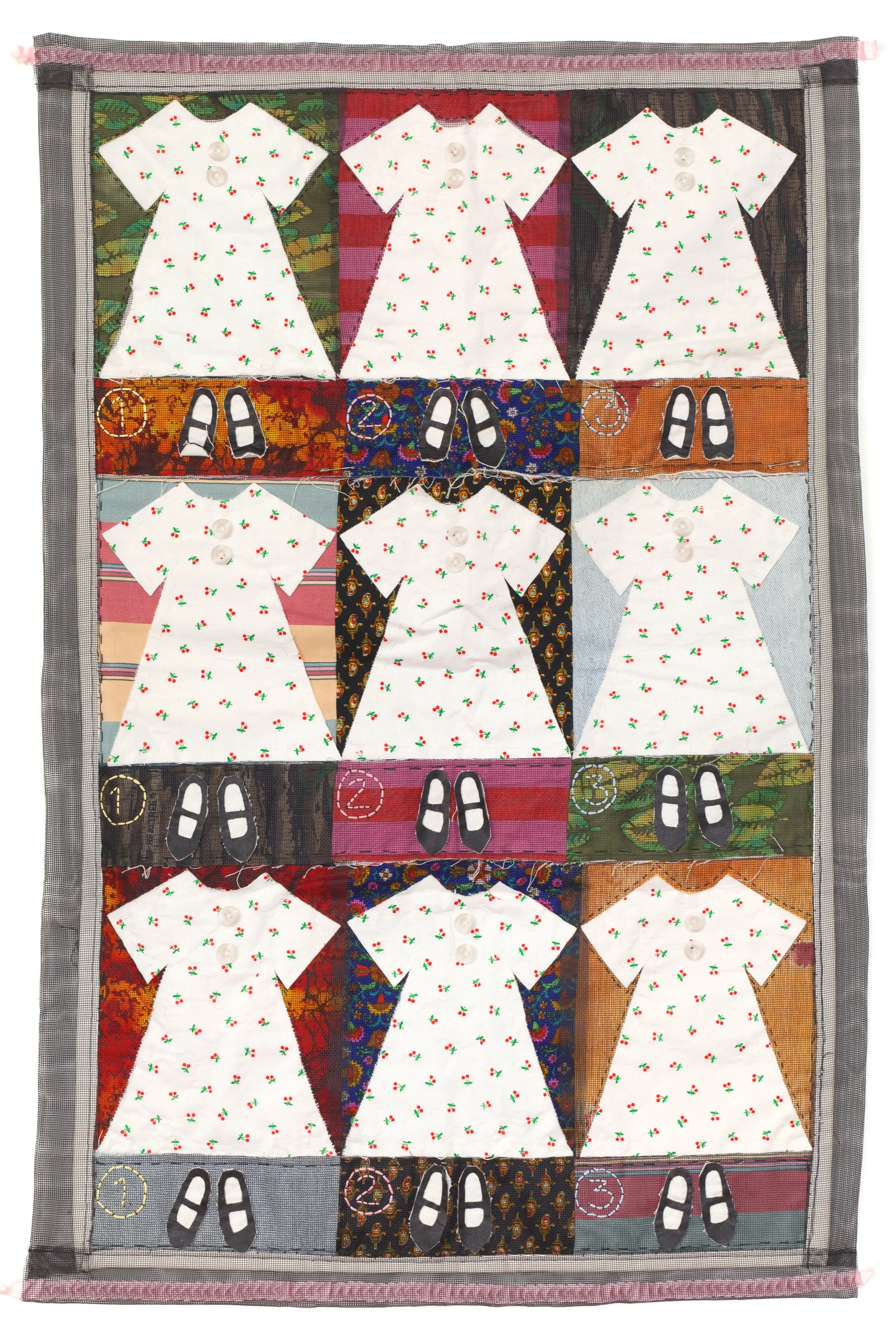 Fiona Lovell Horning, Girlie Quilt , Printed fabrics, vinyl screen, ribbon, sewn
