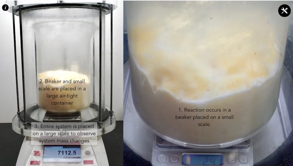 This apparatus lets students measure changes of mass of the solids and liquids in the reaction, but also measure the mass of the entire system. In the photo above, students make measurements of mass changes for the “Elephant Toothpaste” reaction, but the Pivot Interactives activity also allows students to explore burning steel wool, and to see how that reaction differs in the presence of different gases, oxygen, carbon dioxide, and air.