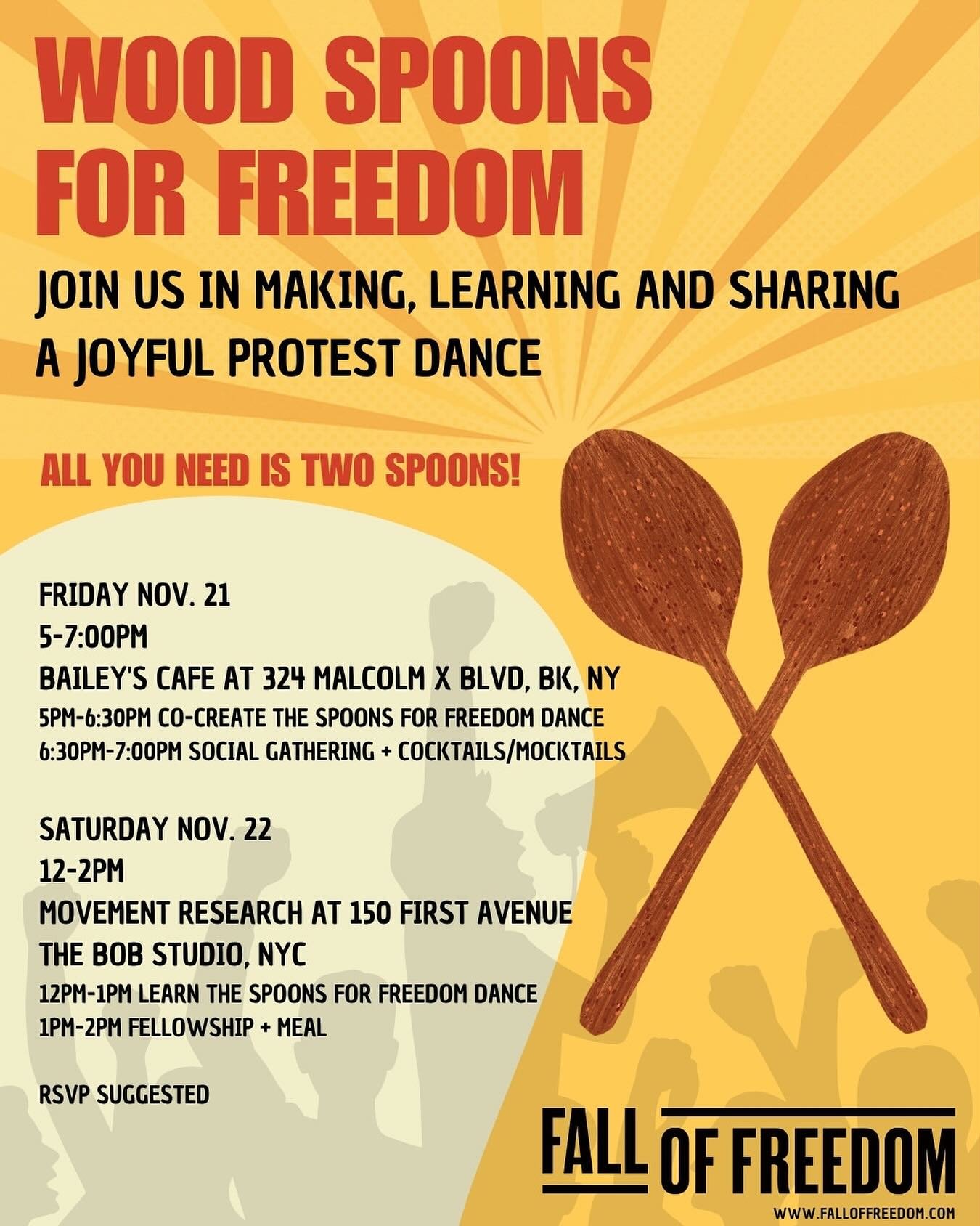 I am participating in Fall of Freedom @falloffreedom - a nationwide wave of creative resistance on Nov 21 and 22, with a group of artists.

💫 Join us for two free events to make, learn and share a joyful protest dance. Once we make it, the dance is 
