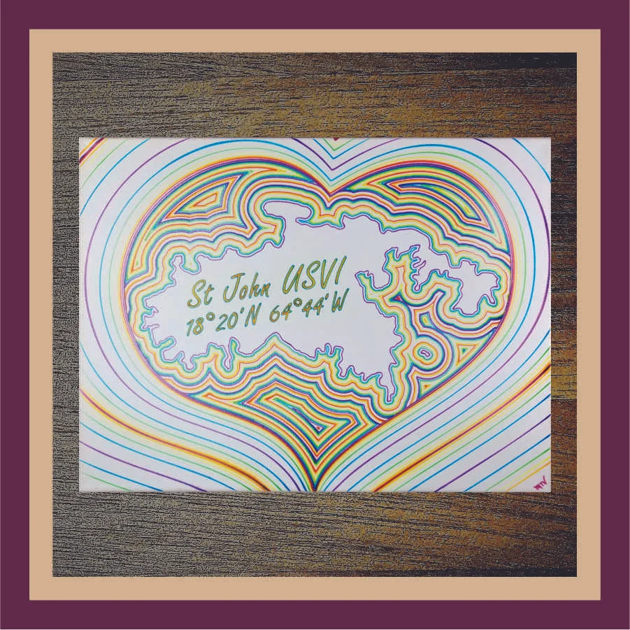 Love Love City? I do too! This drawing as a cheerful and bright reminder of your time on St John whether it is your year-round home or your home away from home. Several versions in other media (wood, resin) are available in my new Etsy shop, StJohnByWoodNymphArt.