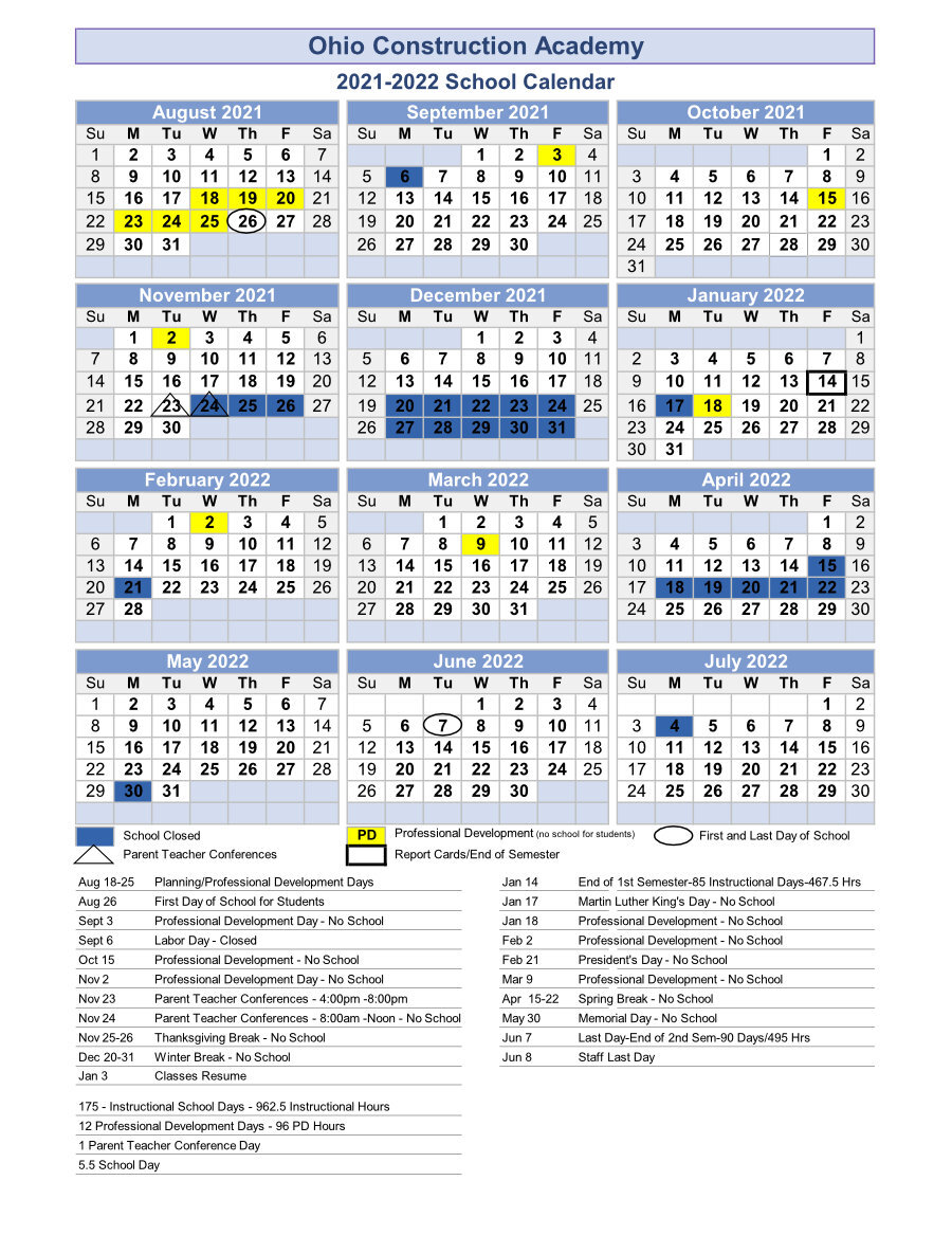 Oca Calendar 2022 2021-2022 School Calendar — Ohio Construction Academy