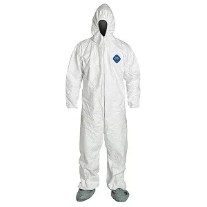 DUPTYI27S - TYVEK COVERALL WITH HOOD Tyvek garments are composed of flash spun high density polyethylene which creates a unique, nonwoven material available only from DuPont. Tyvek provides an ideal balance of protection, durability and comfort of any limited use fabric technology. Tyvek fabric offers an inherent barrier to small size particles. Protection is built into the fabric itself; there are no films or laminates to abrade or wear away. Tyvek fabric's durability advantage over microporous film fabrics delivers consistently better barrier, even after wear and abrasion.