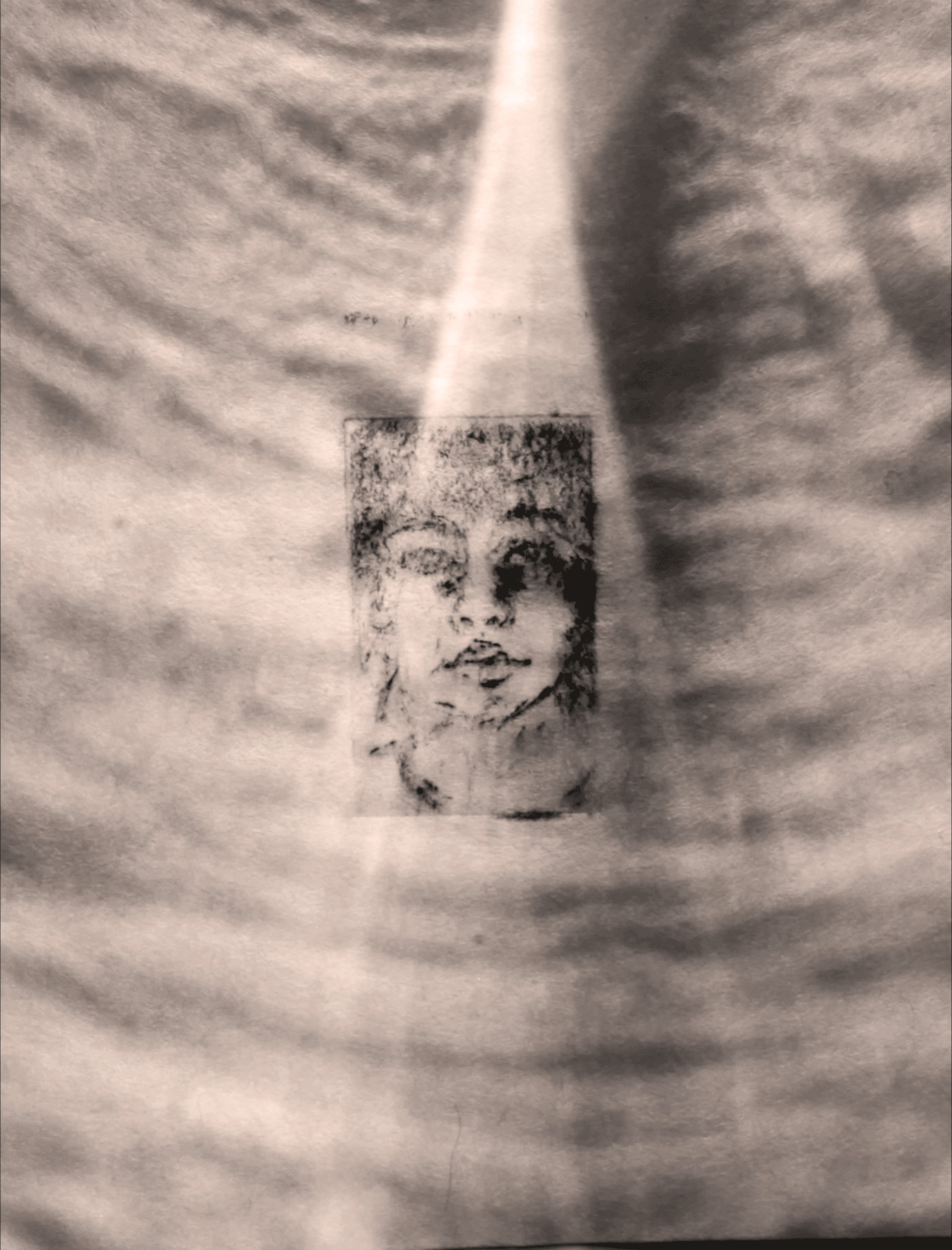  Age 28 - June 2022 - Very tiny intaglio copper plate prints on hemp paper with reflected light through a Ryukyu glass cup  