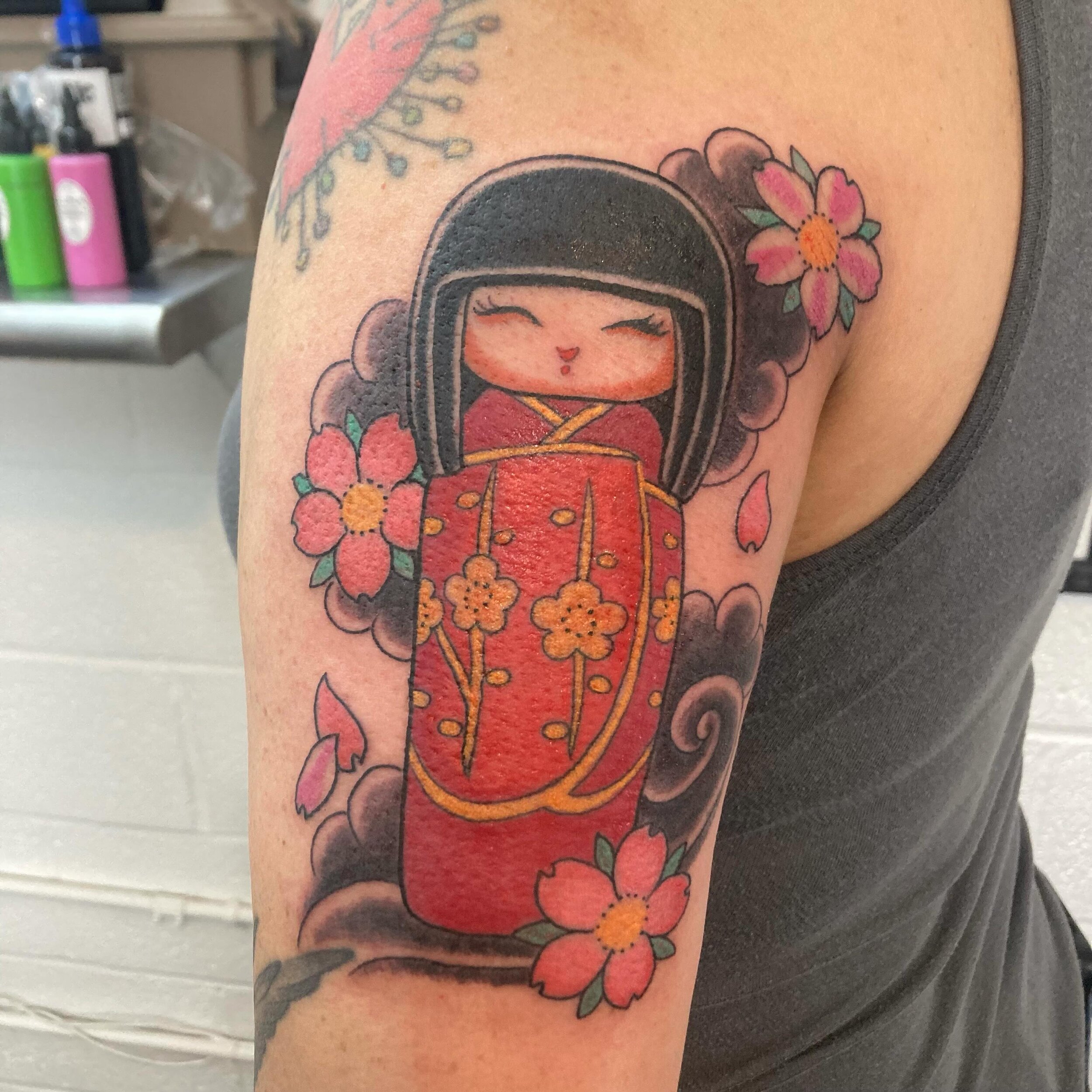Fun kokishi doll from today at @shoguntattoo Thanks for coming through Melinda!  It was great to catch up.