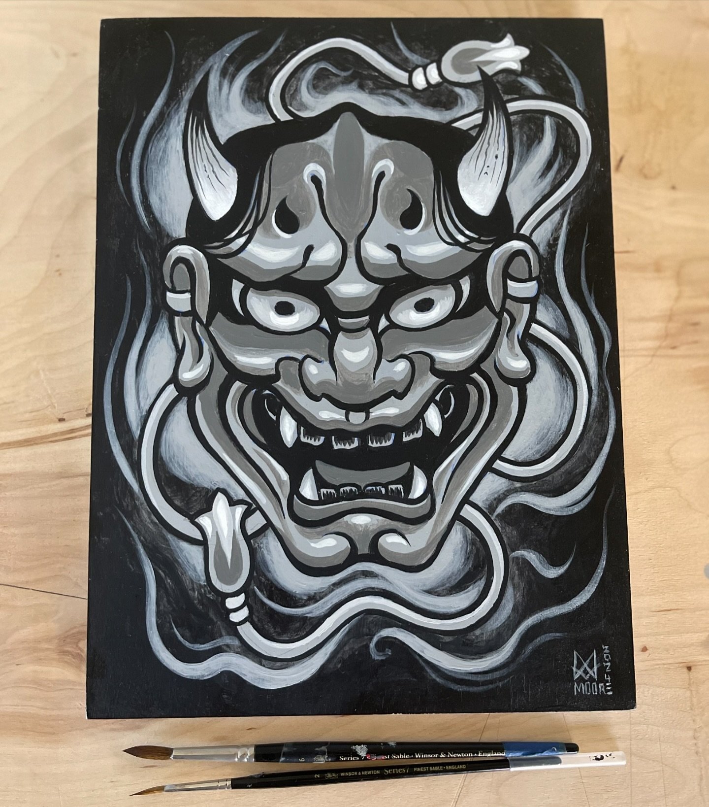 She&rsquo;s Always There  9x12&rdquo; acrylic on wood cradled panel . Available 140 pickup 160 shipped, dm if interested and thanks. #andrewmooreart#hannya#handpainted #japanesetattoo#shoguntattoopasadena #shoguntattoo