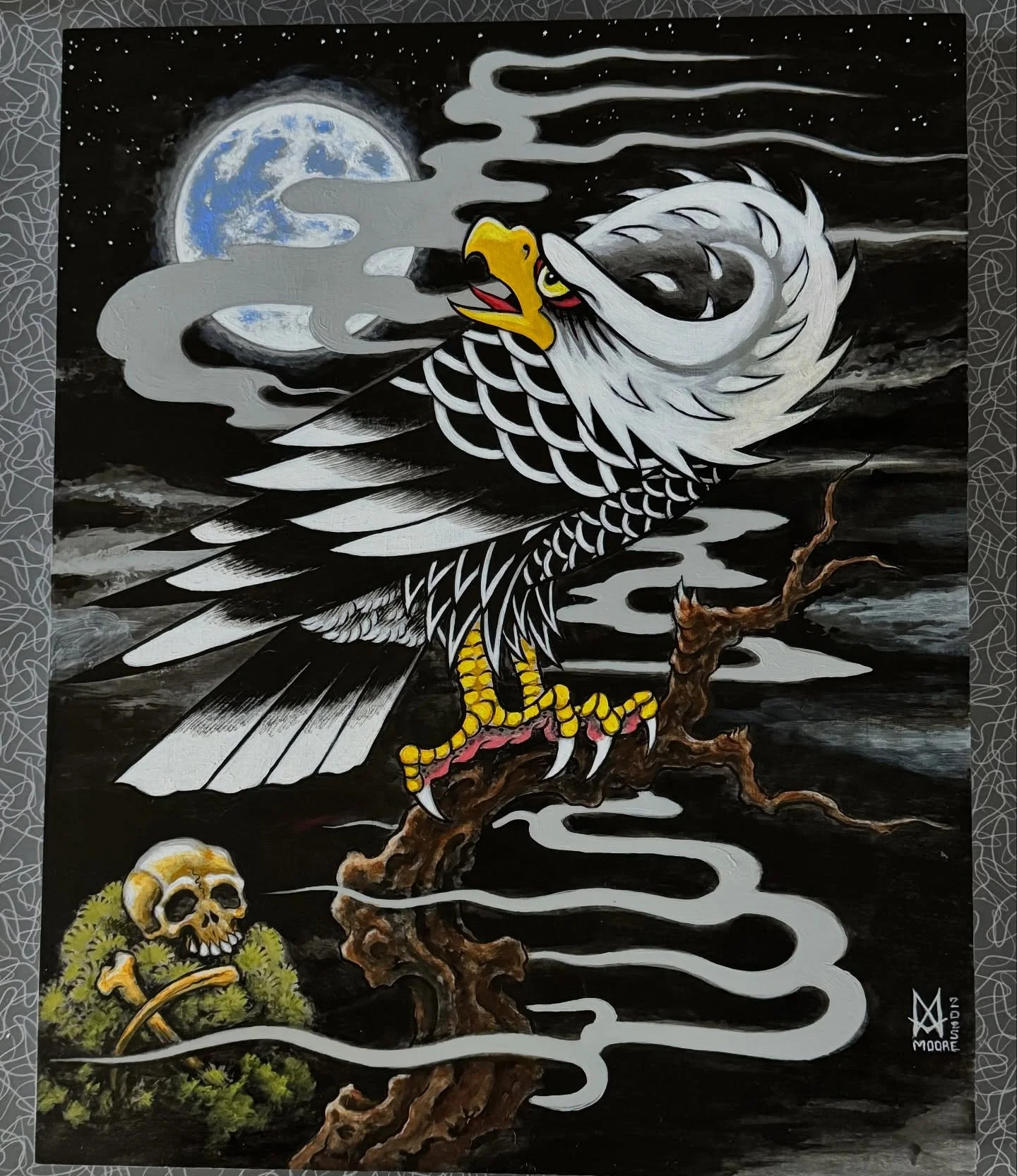 Eagle One 16x20” ink & acrylic on cradled wood panel, up for grabs at ‘I’m going on vacation soon pricing’ DM if interested @shoguntattoo #andrewmooreart #shoguntattoo#shoguntattoopasadena