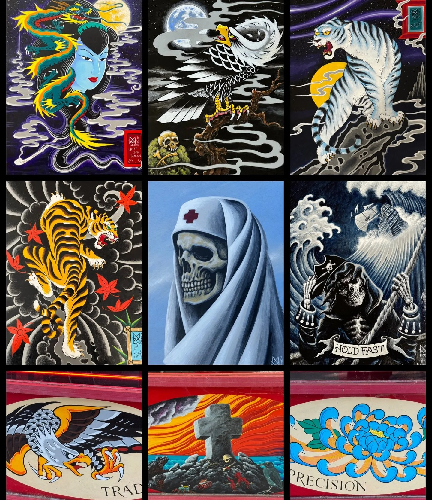 Some of last year&rsquo;s paintings. Most of them found homes . More ideas floatin around. Commissions nearly always available. #andrewmooreart#shoguntattoo #shoguntattoopasadena