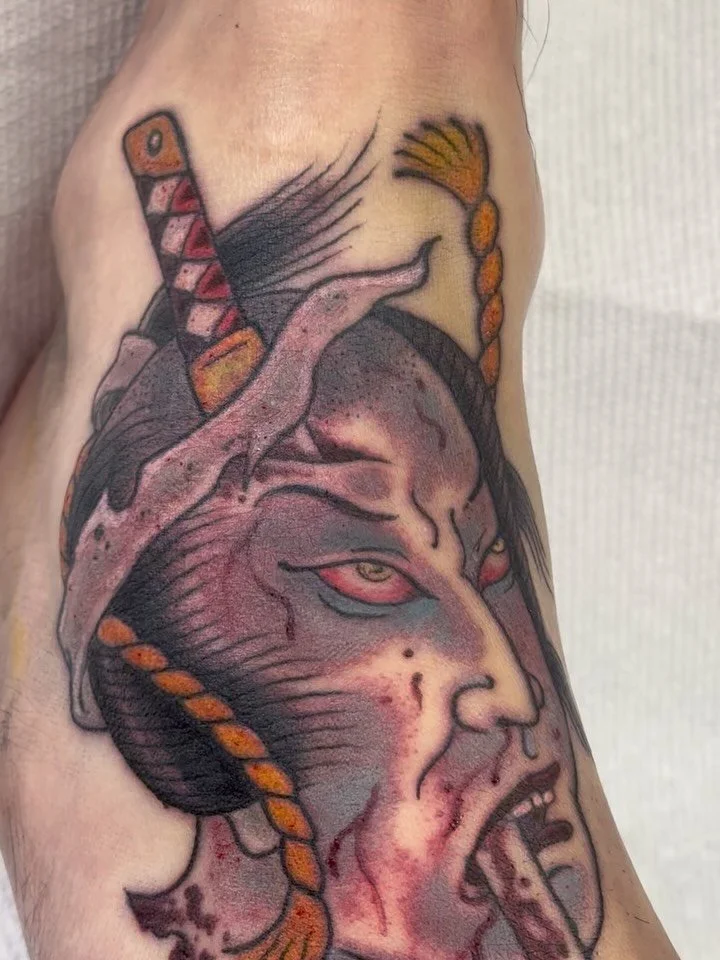 Foot namakubi for Daniel . His upper arm healed up nicely, swipe to see. Always booking always tattooing. #shoguntattoo #shoguntattoopasadena #japanesetattoo