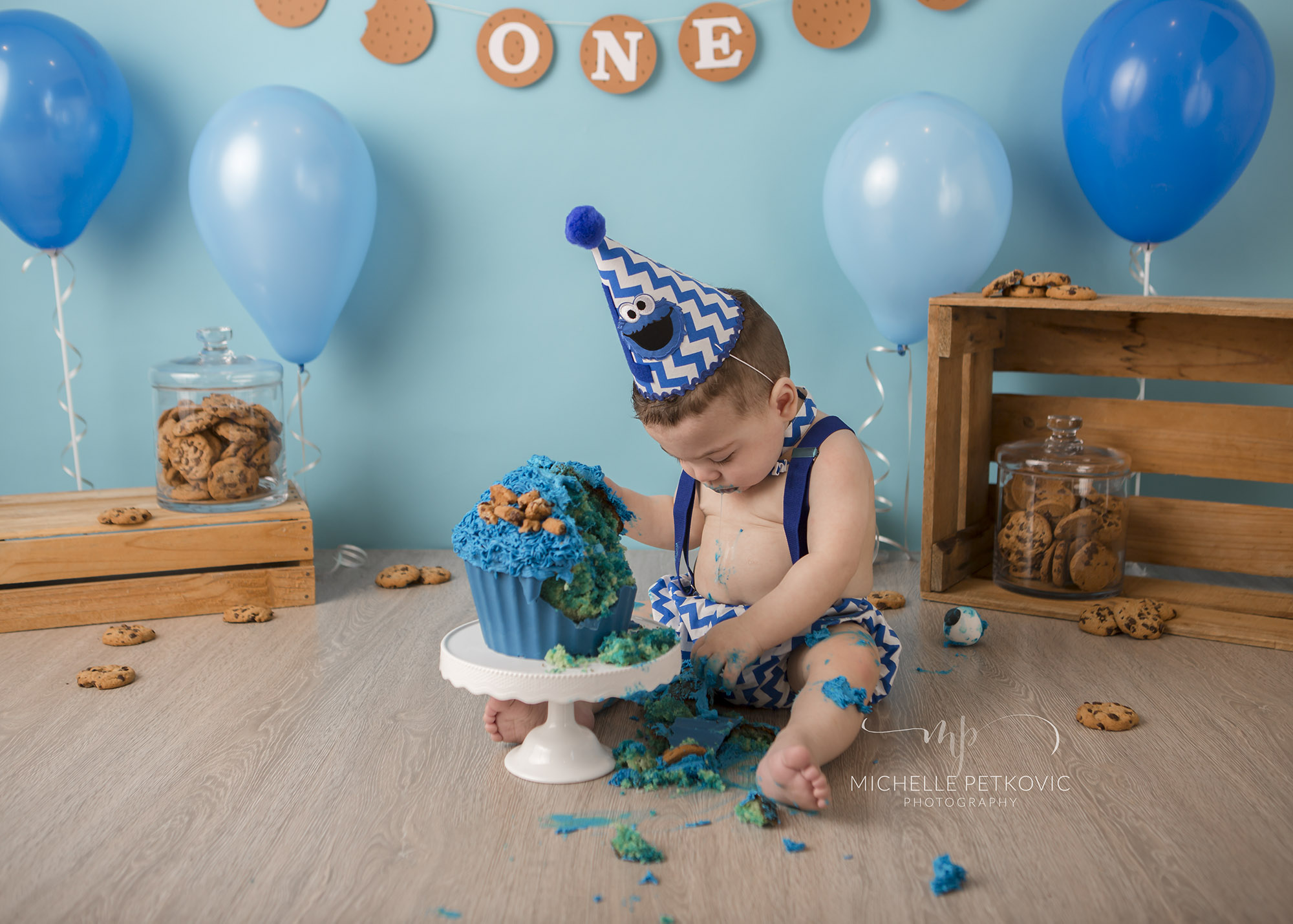  baby studio photos adelaide paralowie cake smash first birthday, cookie monster, blue, balloons, party hat 
