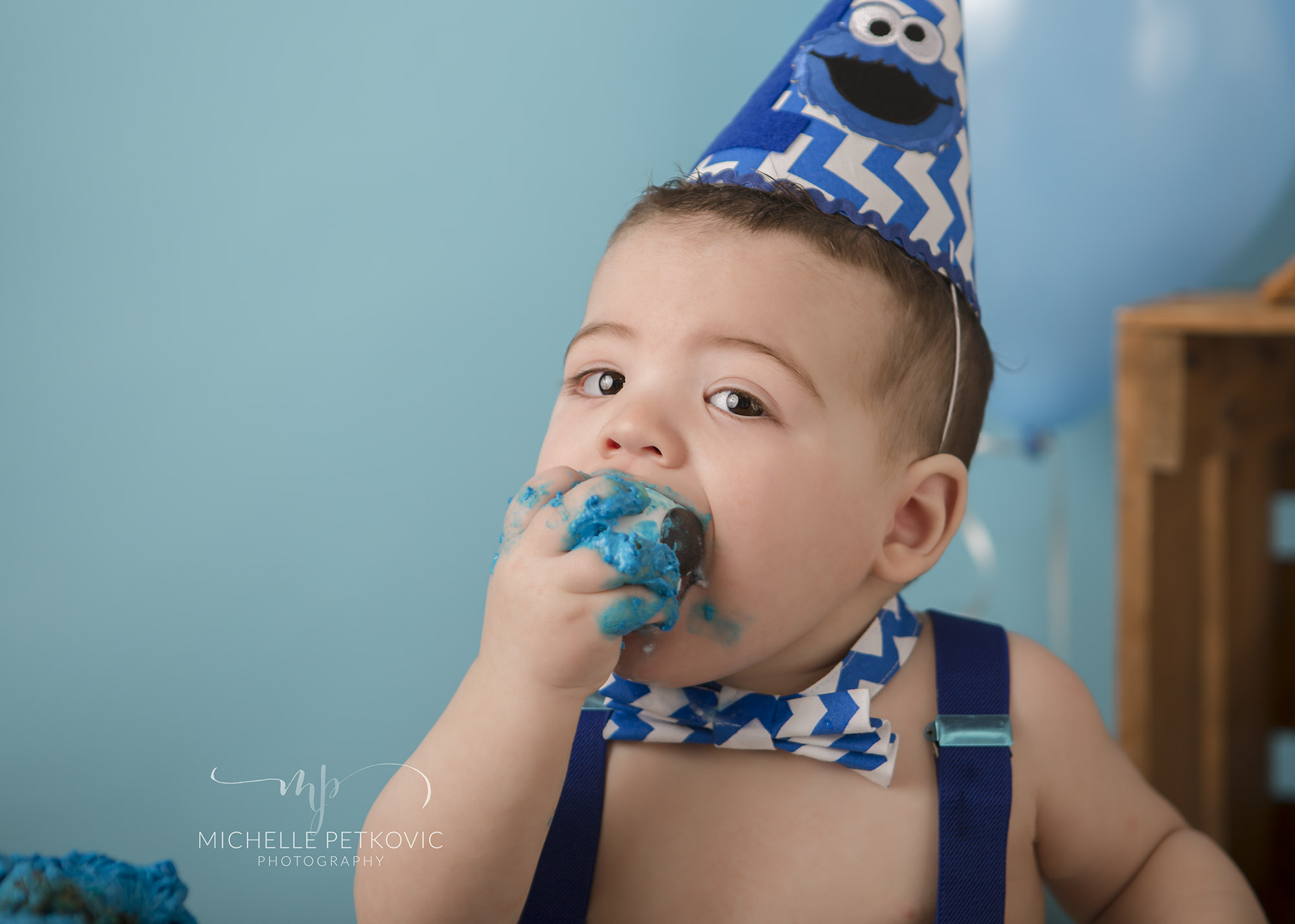  baby studio photos adelaide paralowie cake smash first birthday, cookie monster, blue, balloons, party hat 