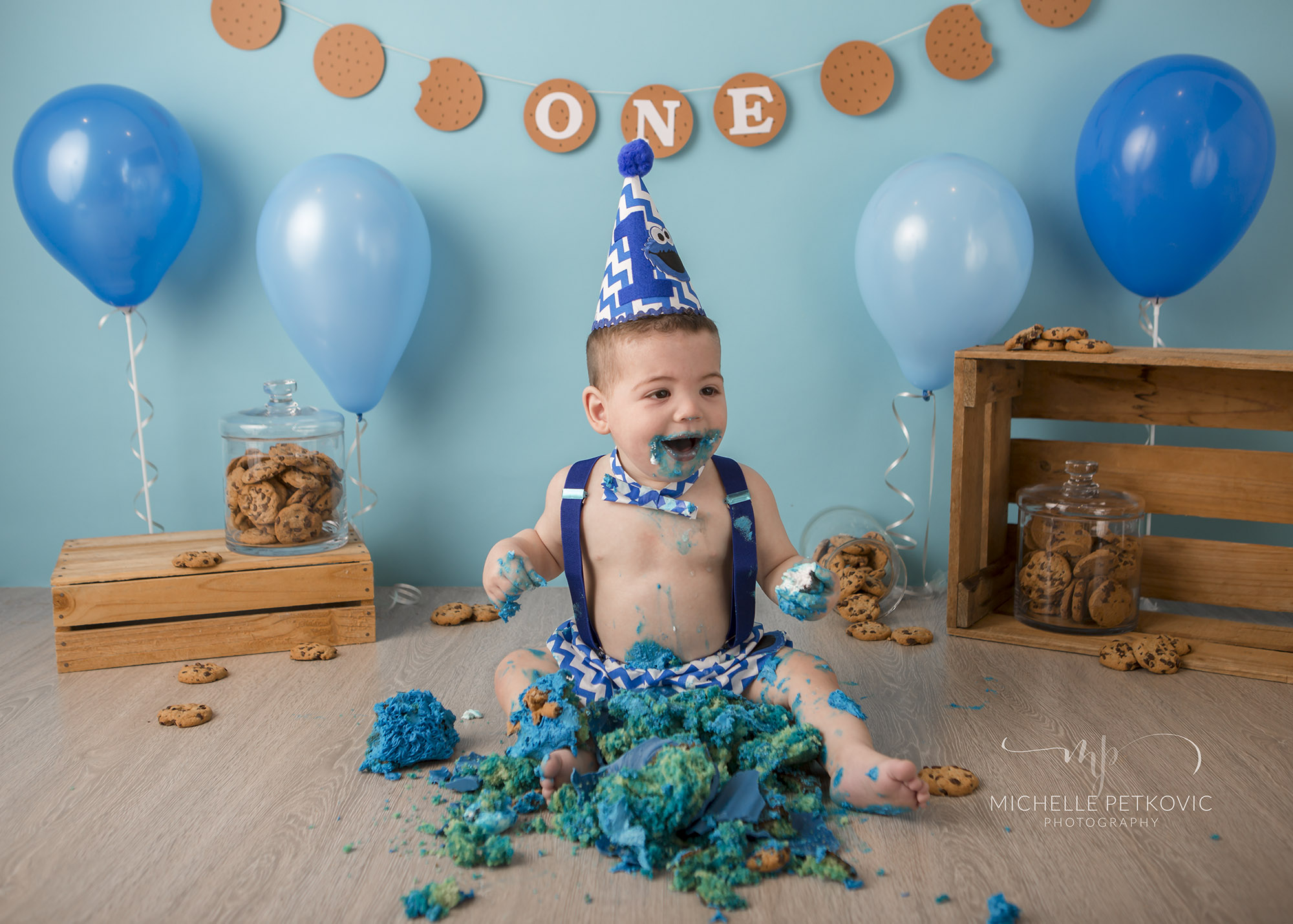  baby studio photos adelaide paralowie cake smash first birthday, cookie monster, blue, balloons, party hat 
