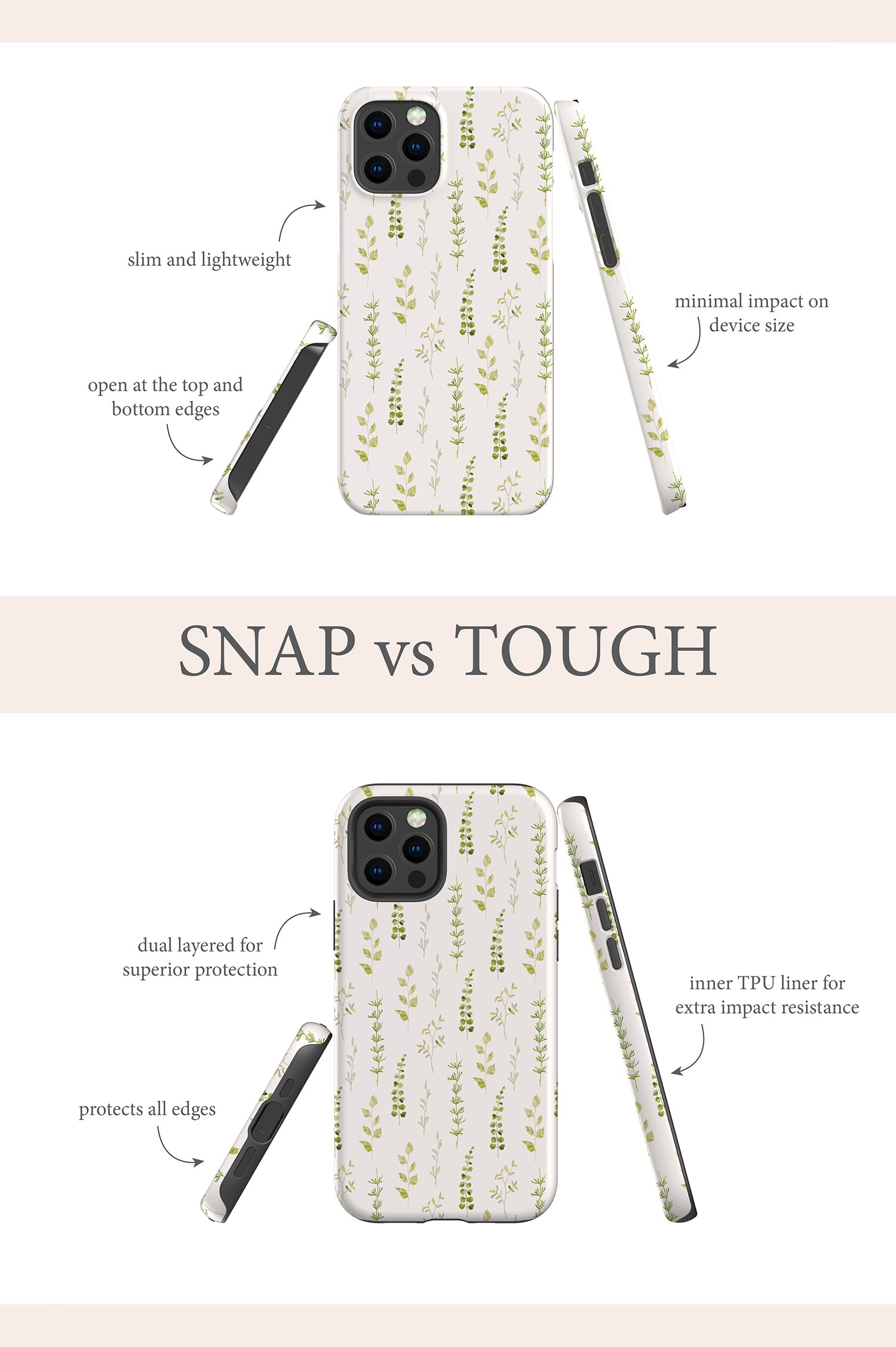 A graphic that shows the difference between the ‘snap’ and ‘tough’ phone cases. The ‘snap’ case is thin and doesn’t protect all the edges, whereas the ‘tough’ case does and is dual layered.
