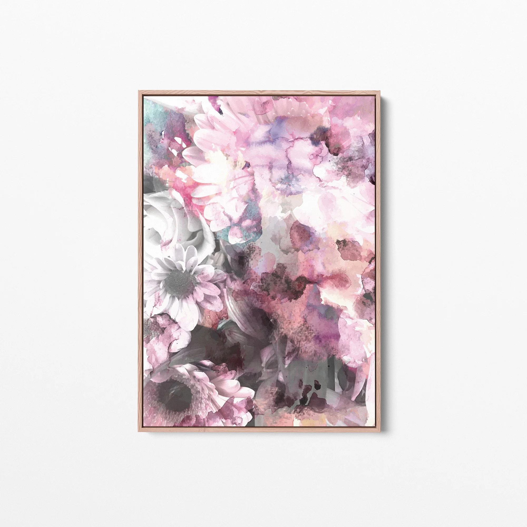 A rectangle canvas print that features abstract impressions of daisies and other flowers in hues of pink, plum, white and grey. This contemporary watercolour artwork is framed in flooded gum.