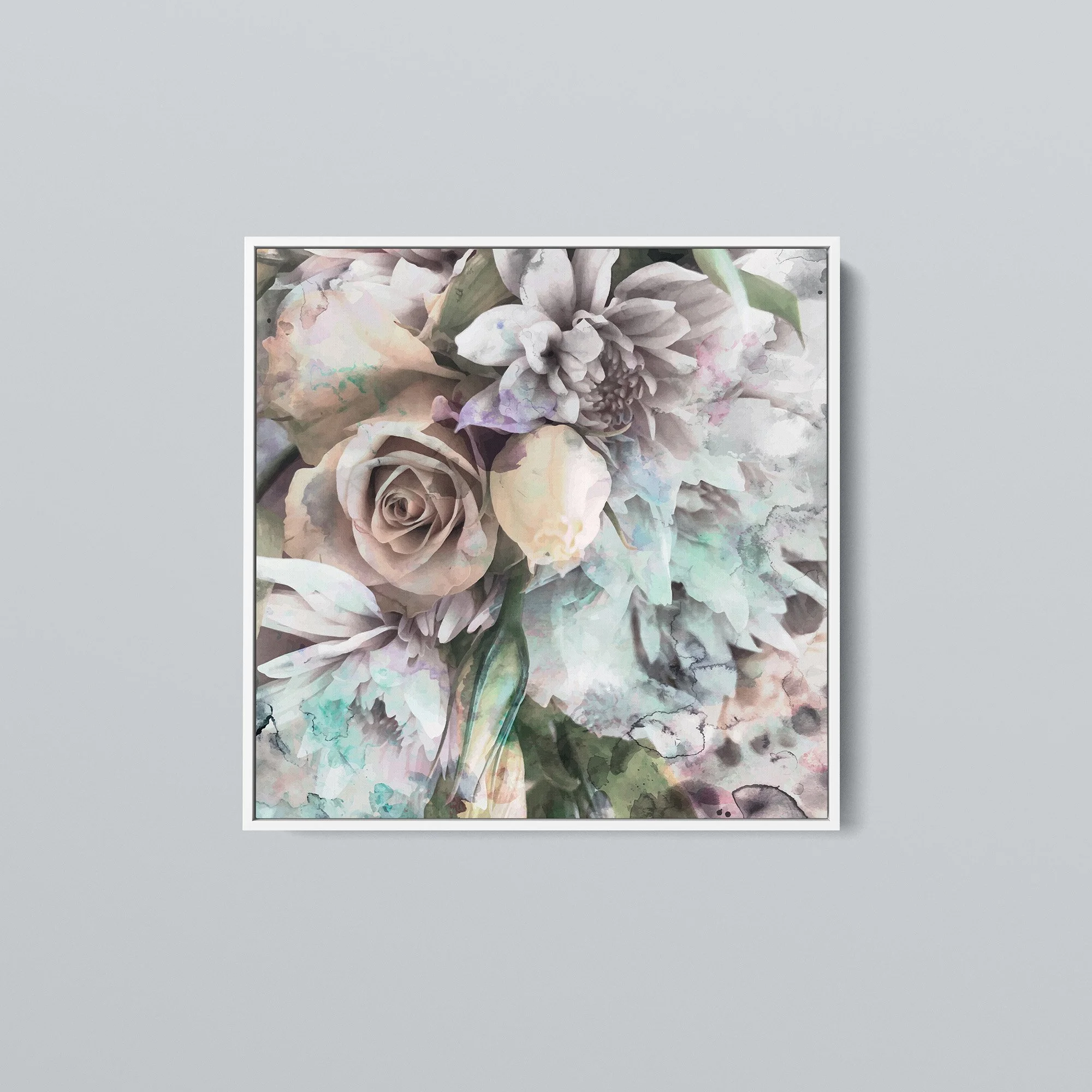 The August I square limited edition print on canvas with a white float frame. The floral abstract artwork features roses, rose buds and flowers in earthy hues with a dash of aqua and mauve.
