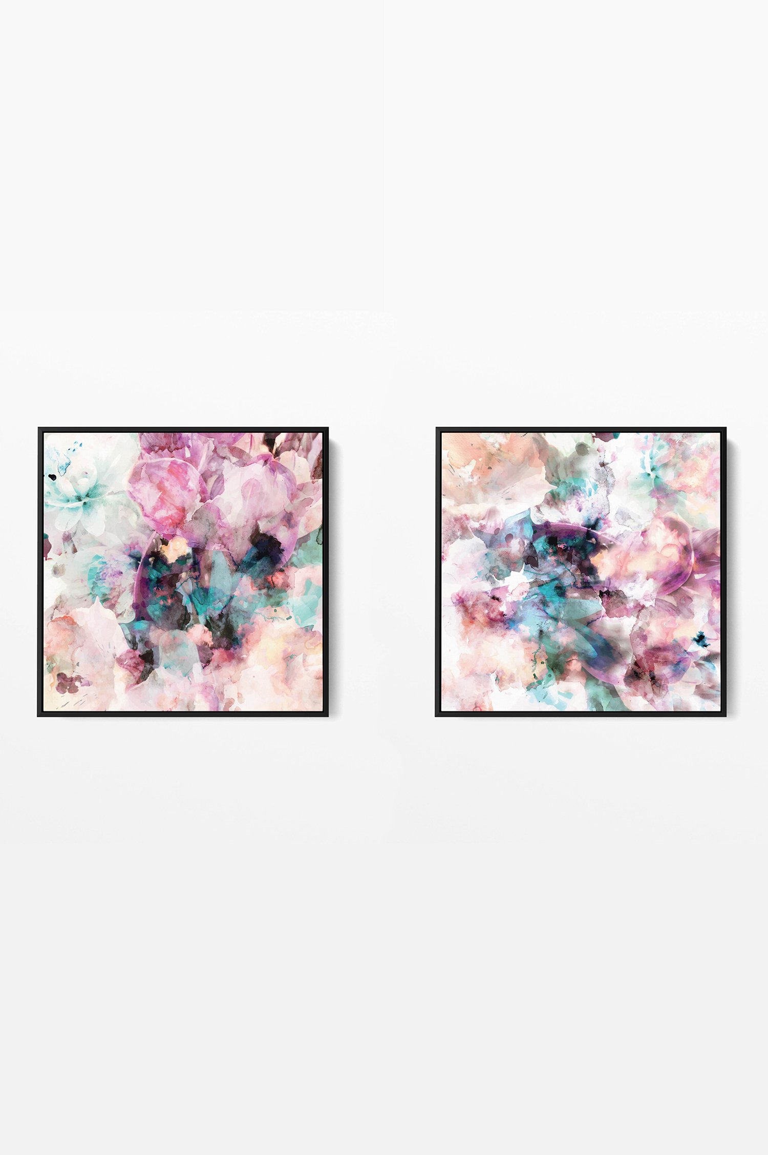 A pair of square contemporary canvas artworks in black float frames. The art features abstract watercolour layers in hues of warm tones with aqua. They are beautiful and make a bold statement.