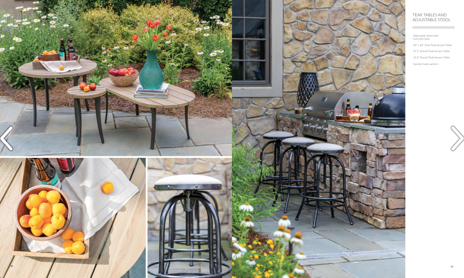 Catalog layout featuring their outdoor adjustable stools and teak tables