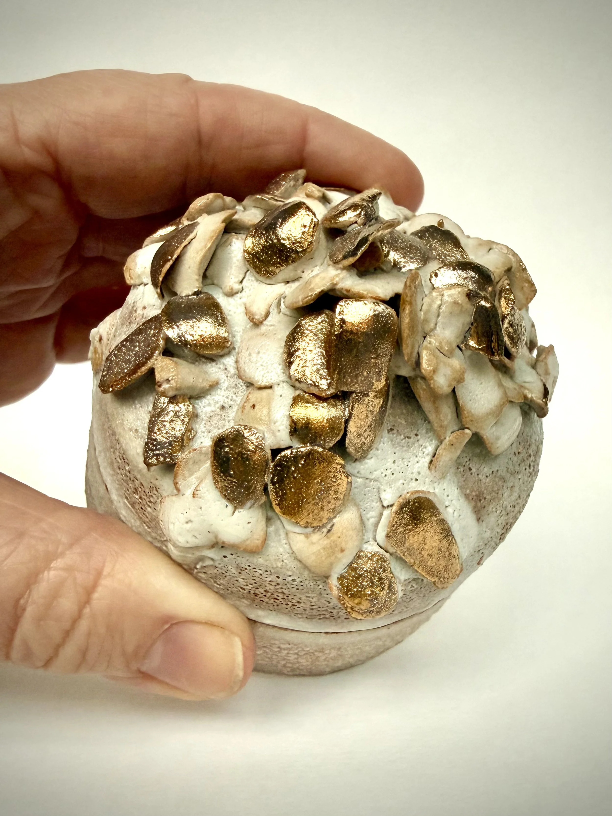 Lidded pot with gold detail by Caroline Couzens. Small lidded pottery vessel.