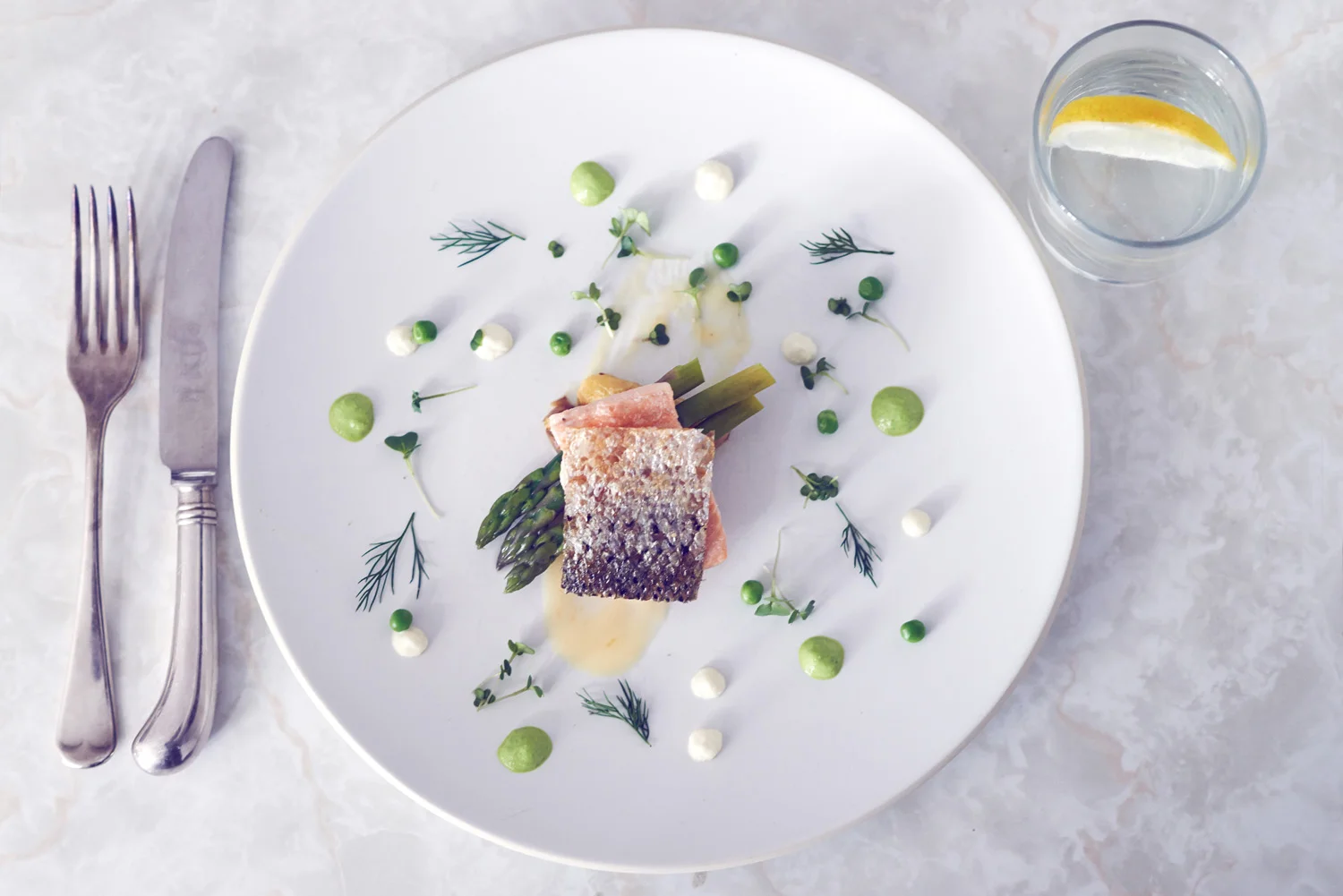 Salmon, asparagus, pea puree