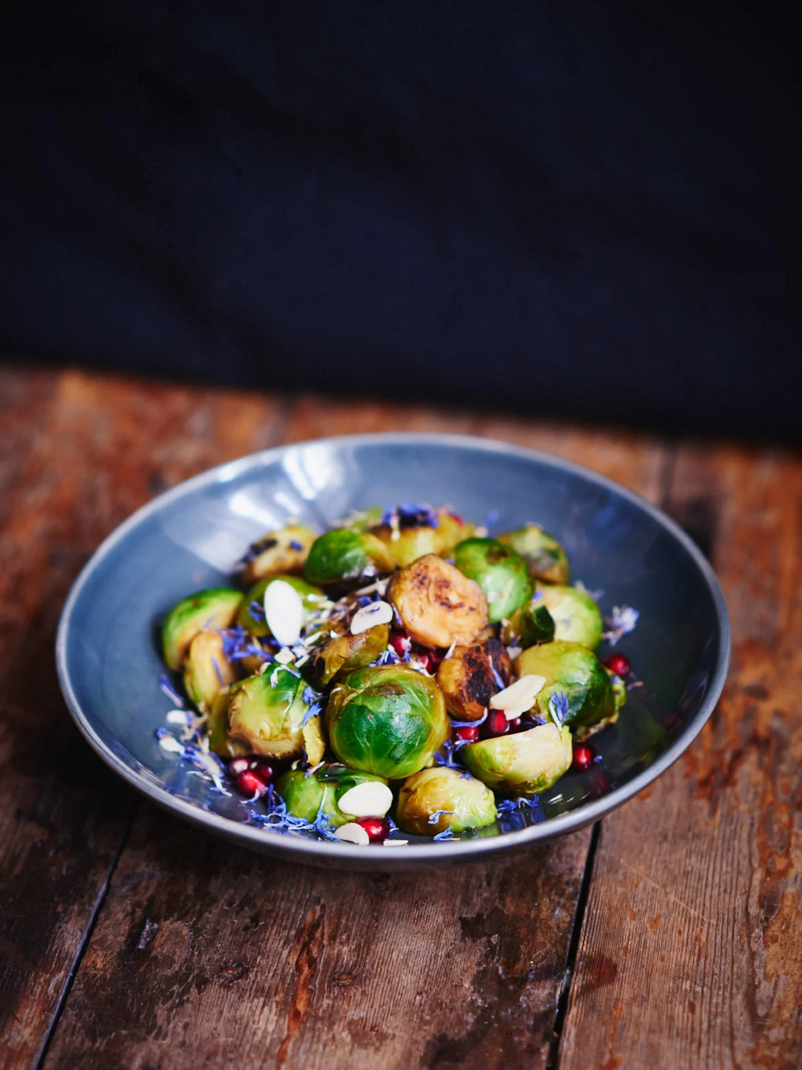 Brussels sprouts, almonds, corn lours, pomegranates