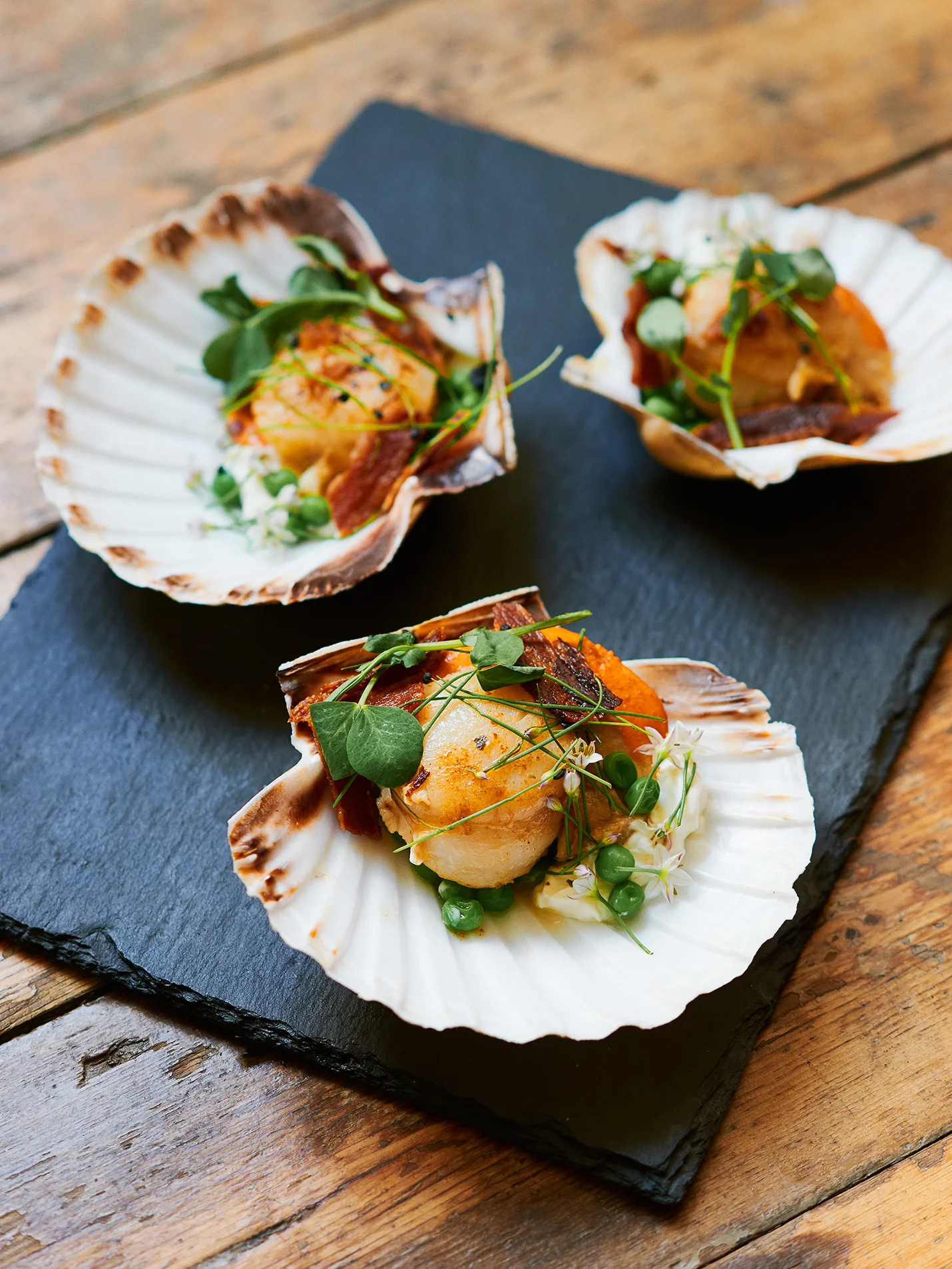 scallop, peas, bacon