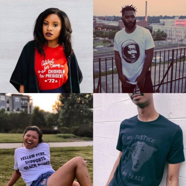 Clockwise from top left: @theurbantea in the Chilsolm for President tee, @brobeas in the Octavia tee by Nick James on PPW’s artist marketplace, @jaredrushjackson in the No Justice No Peace tee, @tiredabolitionist in the Yellow Peril Supports Black Power tee from the marketplace.