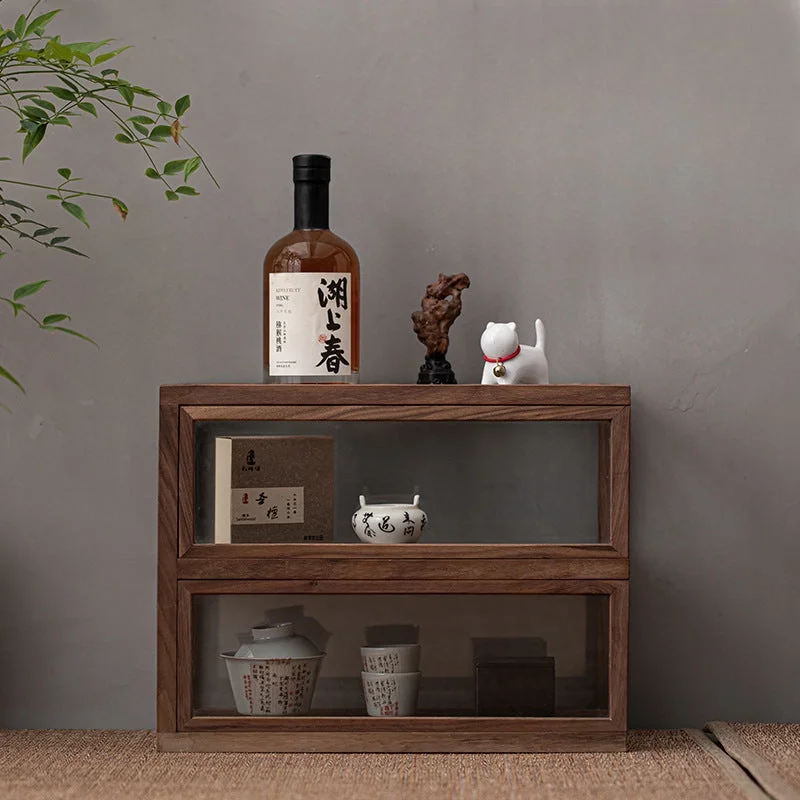 Walnut Wood Glass Tea Cabinet