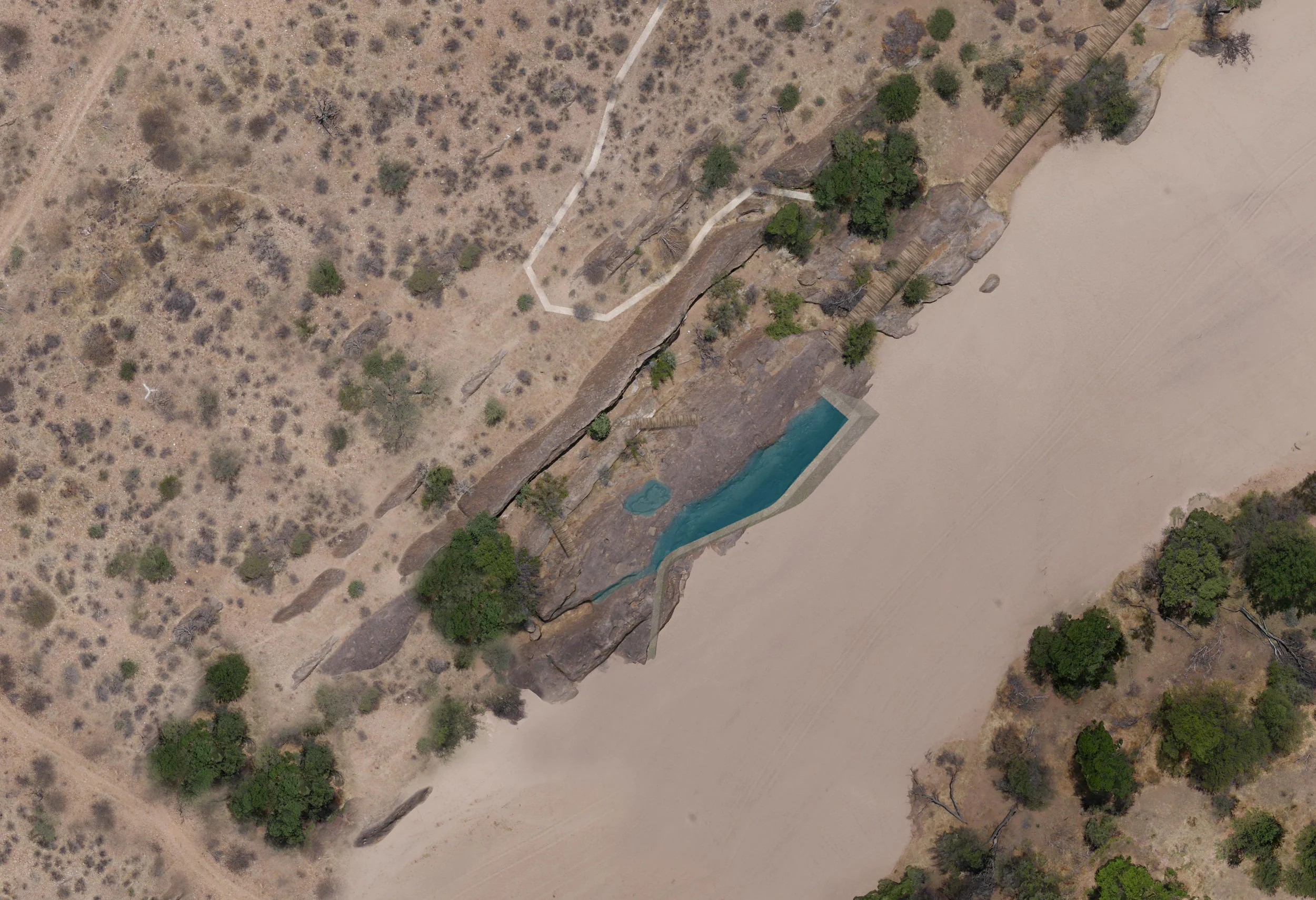 GREENinc rendering of the eco-swimming pools inserted in the natural landscape