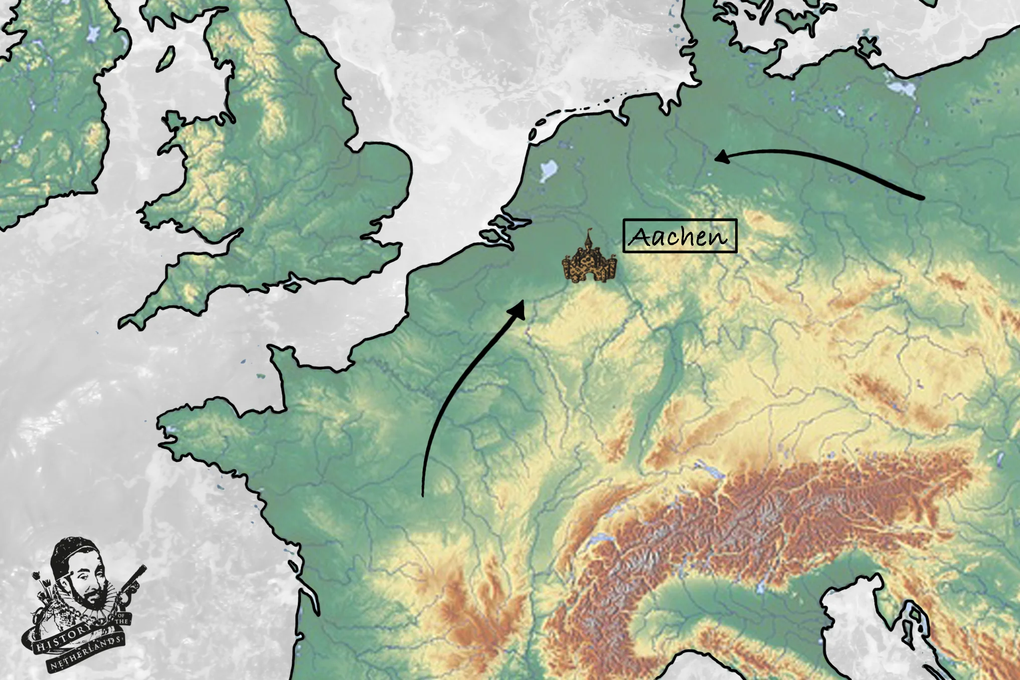 The topography of Charlemagne’s empire. Note the location of the capital, Aachen, in relation to the lower areas.