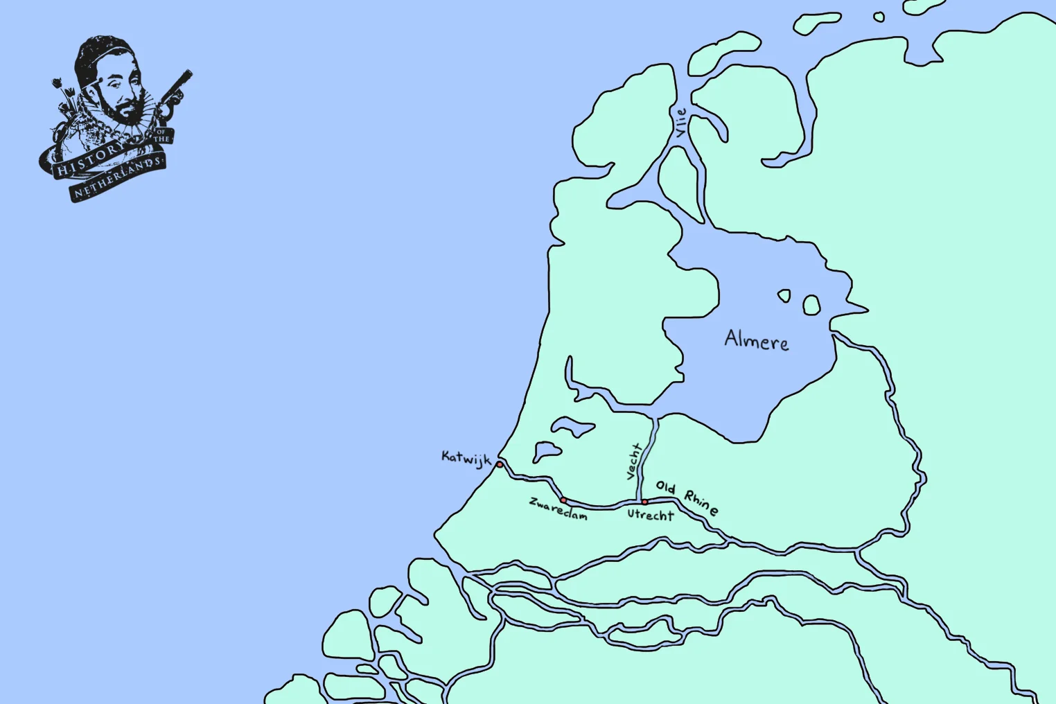 What the landscape may have looked like before the great inundation of the All Saint’s Flood of 1170. Note that, prior to this catastrophic event, there was a big lake, called the Almere inland. Map by David Cenzer