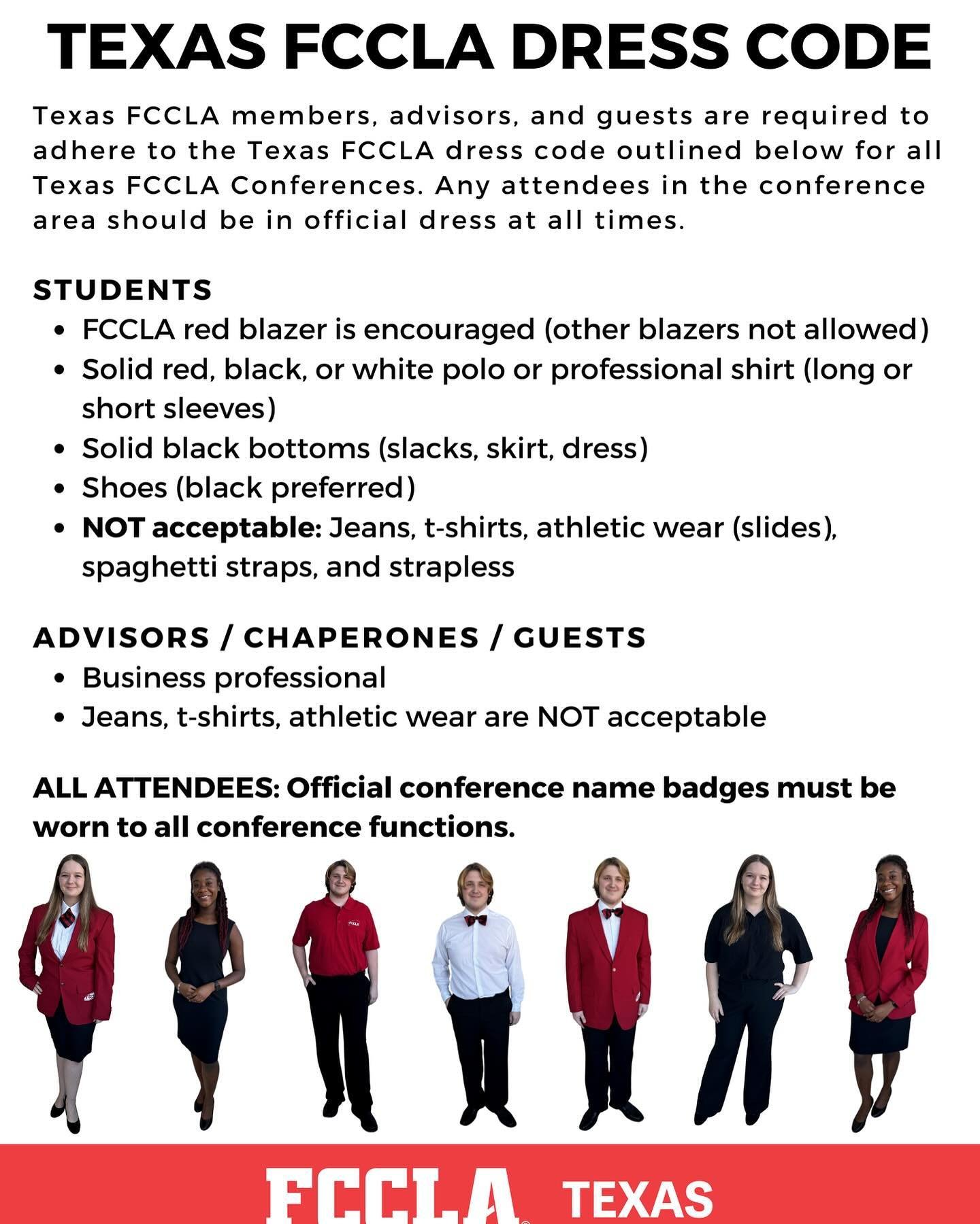 Members and Advisors!!! Here&rsquo;s a reminder that all activities Friday require TX FCCLA Dress Code.