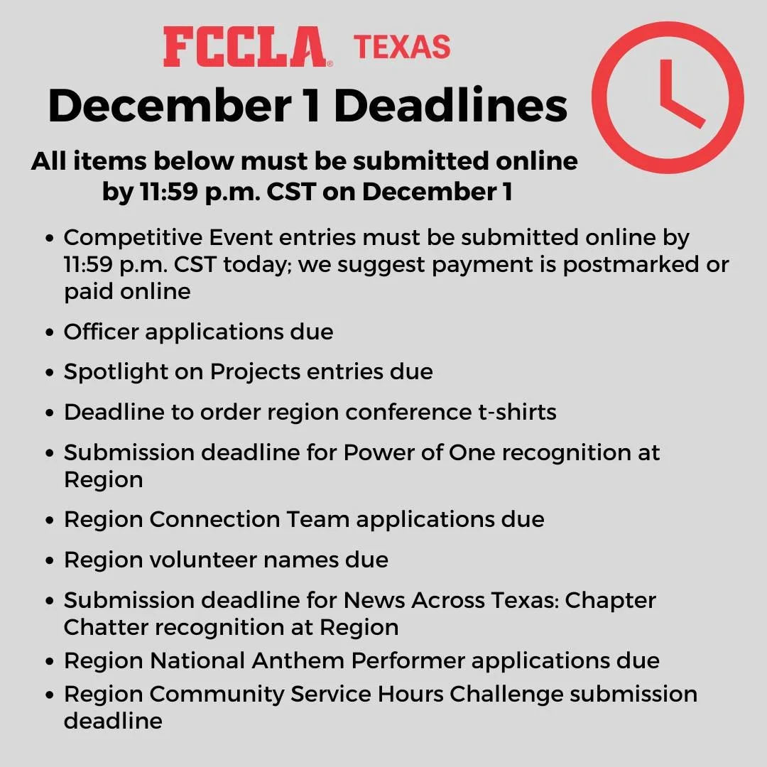 Don't forget today's deadlines! All items are due by 11:59 p.m. CST tonight.