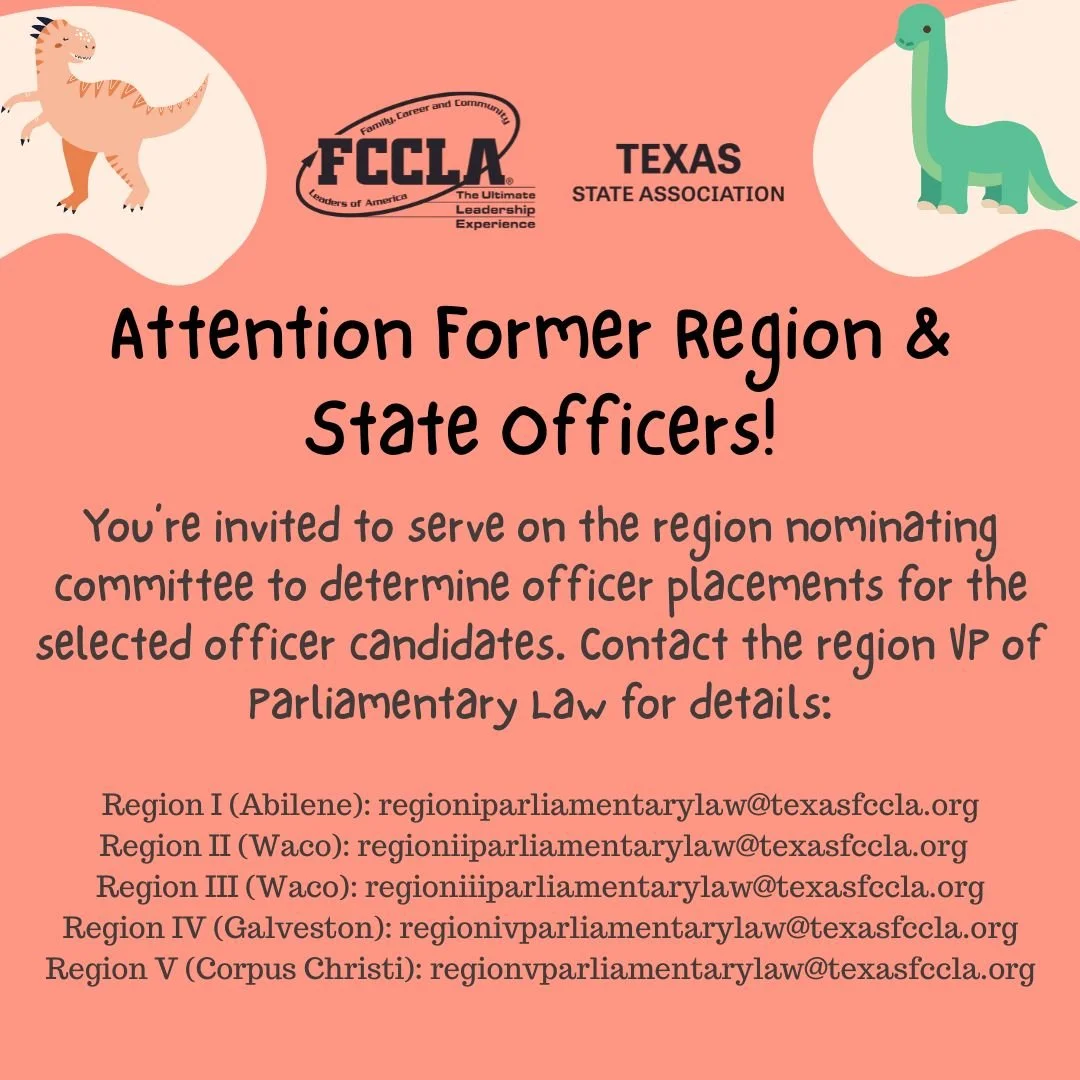 Calling all former Region and State Officers! Our region meetings are quickly approaching, and we need you for our nominating committee. Be part of our future leaders!