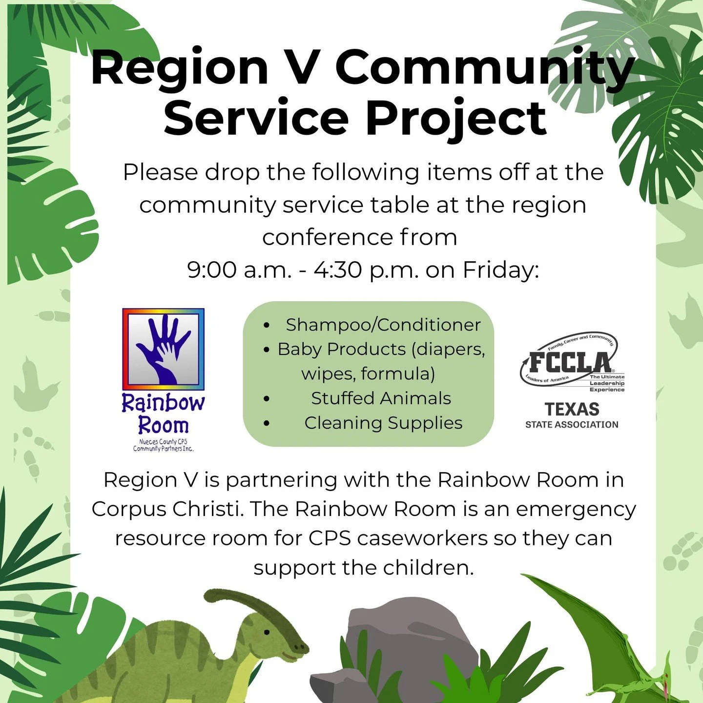 This year, Region V is partnering with *Rainbow Room*. Make sure to bring donation items to support their cause at the Region V Leadership Conference on January 30!
