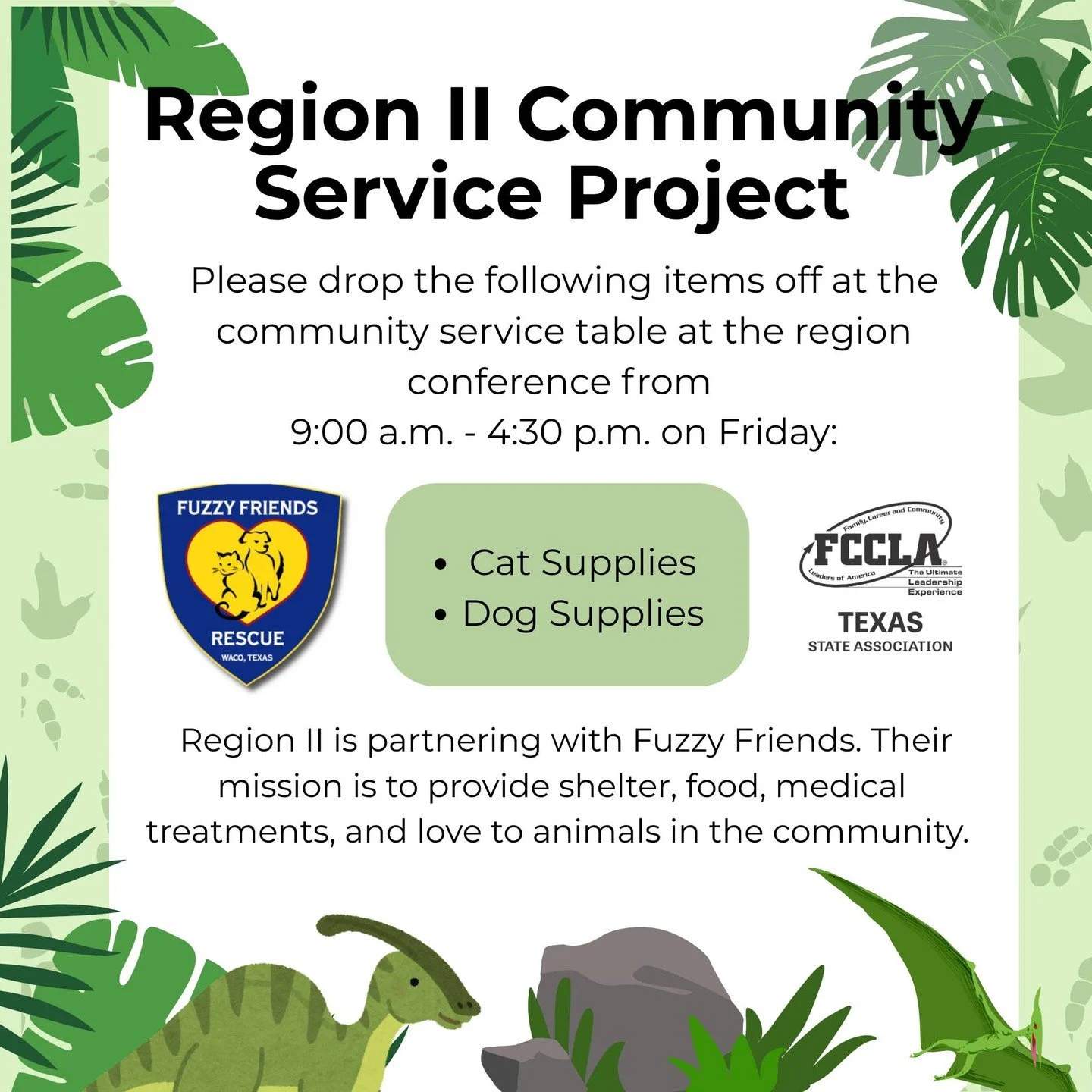 Region II! Make sure to bring your items for our community service partner *Fuzzy Friends Rescue* on Friday, March 6!