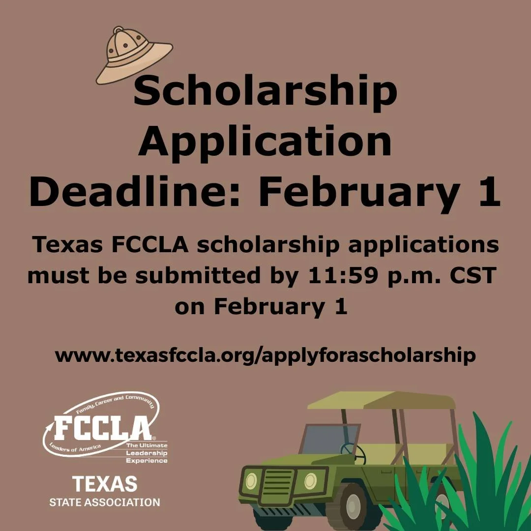 The scholarship deadline is fast approaching. Don't forget to turn in your application by Feb. 1! 
https://www.texasfccla.org/applyforascholarship