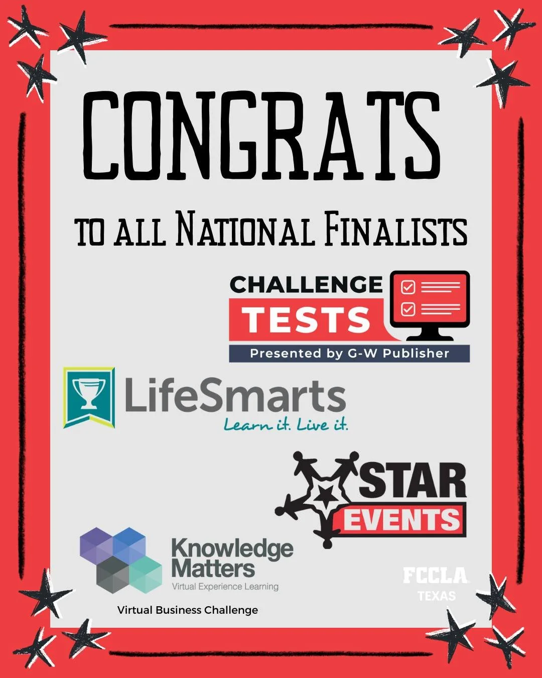 Congrats to all National Finalists, especially those representing Texas! We are so proud of your work in the Challenge Tests, LifeSmarts Knowledge Bowl, Online STAR Events, and the Virtual Business Challenge. Check out the full list of winners: https